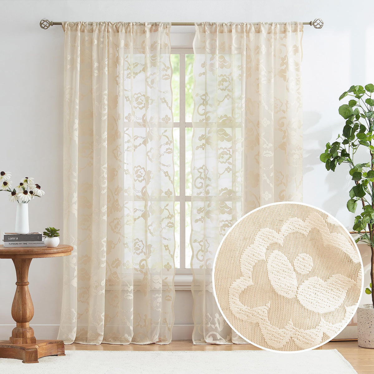 Jubilantex Beige Floral Lace Sheer Curtains with Decorative Scalloped Edge 84 Inches Long for Bedroom Living Room Girl's Room,Set of 2 Panels,52" W
