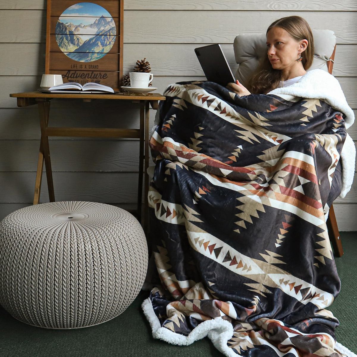 Paseo Road Indigo Hill by HiEnd Accents Yosemite Aztec 3 Piece Sherpa Throw Blanket Set, Tribal Navajo Print Fleece Throw Set, Western Southwestern Style, 1 Throw and 2 Pillows