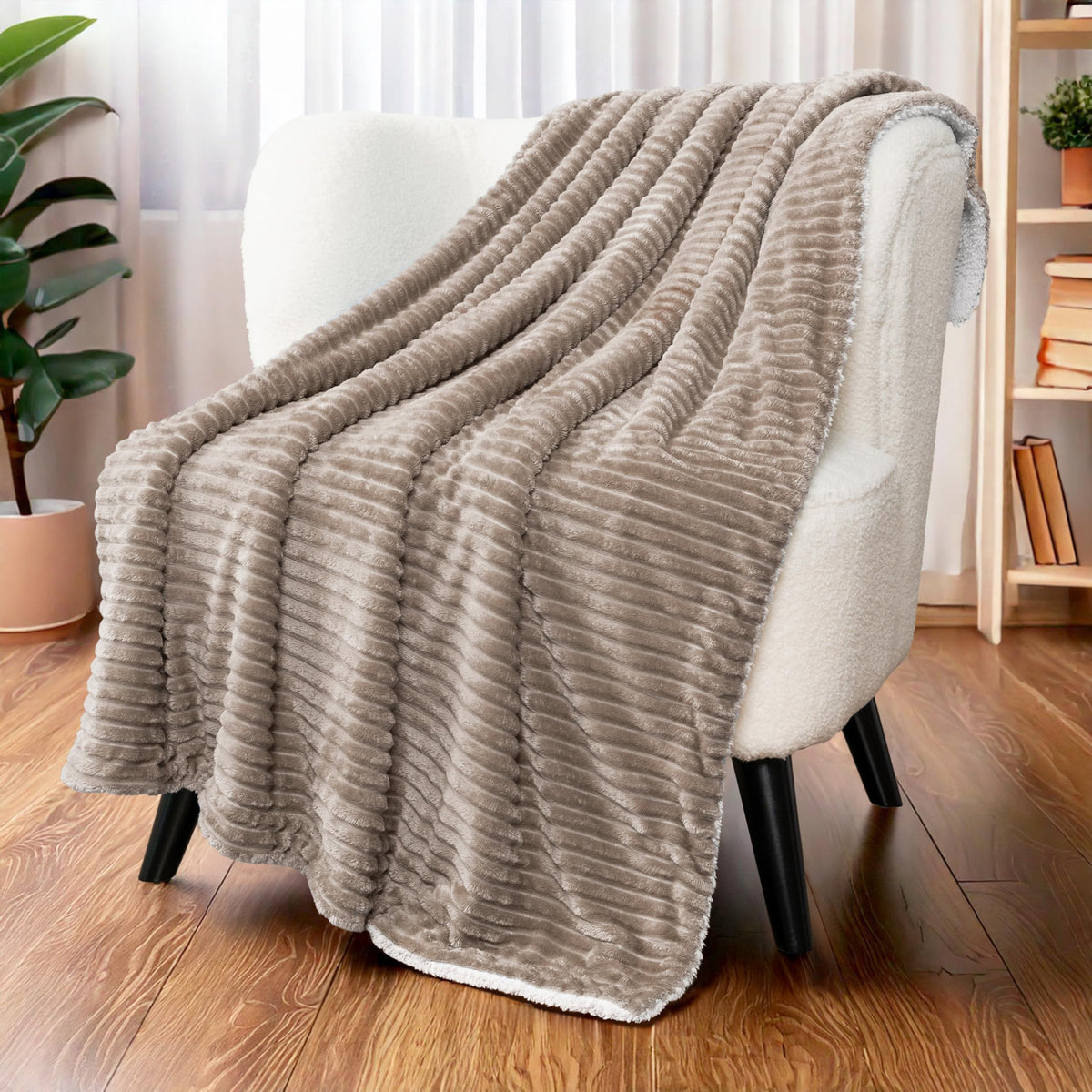 PAVILIA Tan Taupe Sherpa Fleece Throw Blanket for Couch Twin, Soft Plush Fuzzy Blankets, Fluffy Flannel Sherpa Blanket for Bed, Warm 3D Ribbed Winter Blanket Gift, 60x80 inches