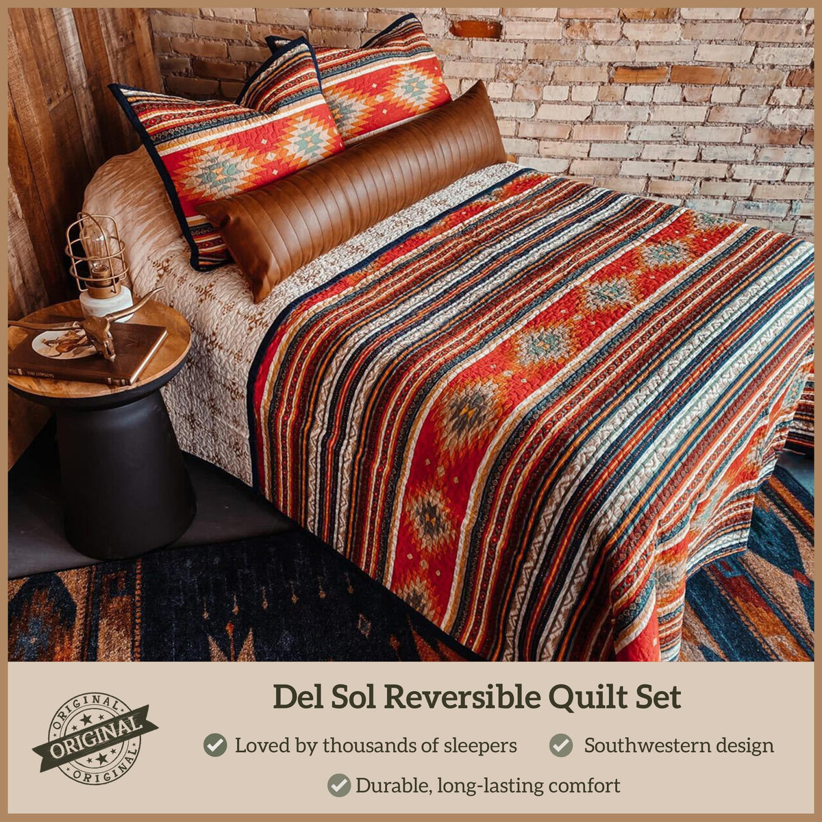 Paseo Road Del Sol King Quilt Set, 3 Piece Rustic Western Bedding Set with Pillow Sham, Lightweight Reversible Cotton Quilt with Southwestern Aztec Pattern, Soft Breathable Cozy Boho Bedding