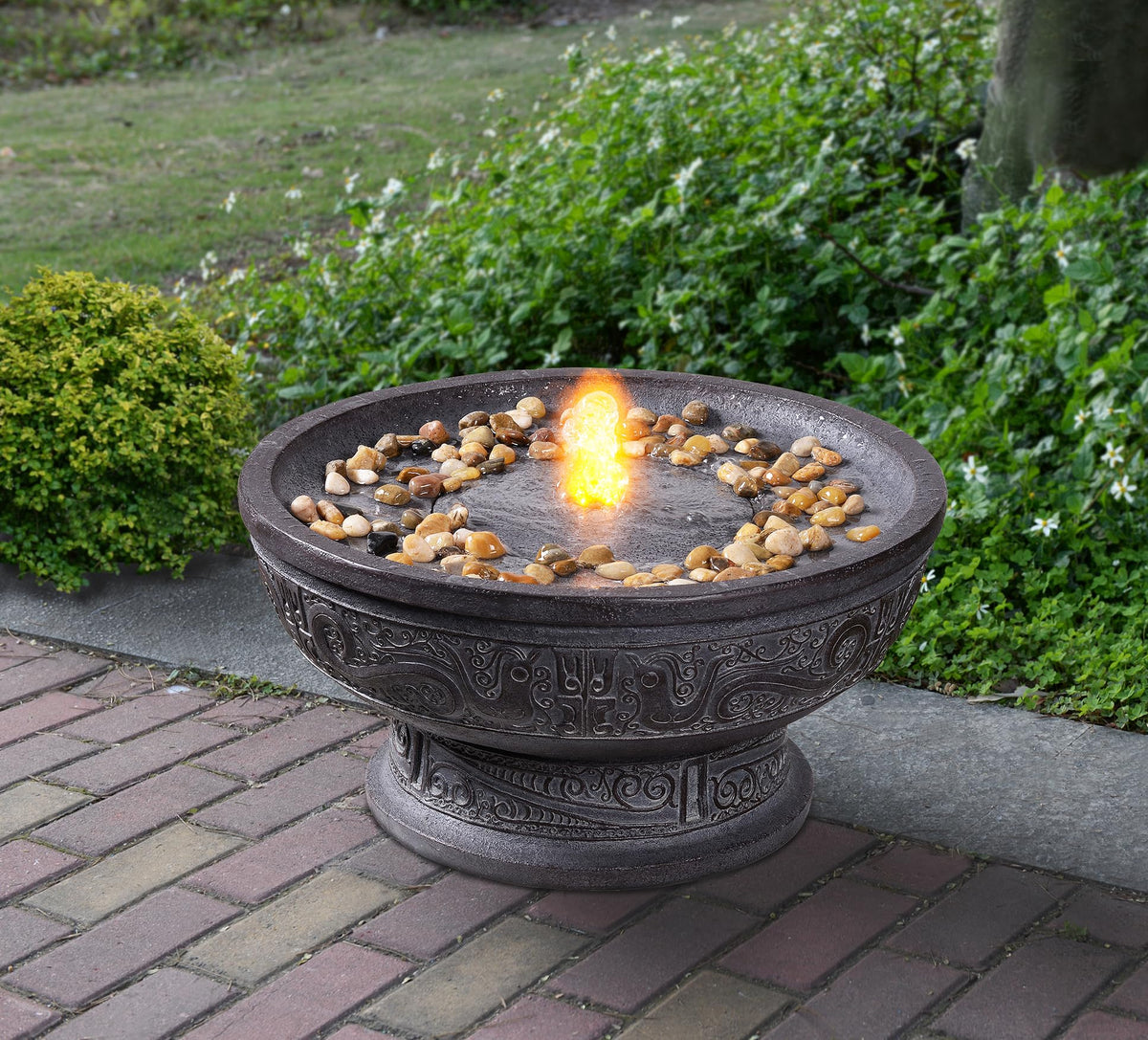 GOSSI Outdoor Water Fountain with Led Light Decorative Pedestal Bowl Design with River Stones Home Decoration, Modern Garden Fountain for Patio Decor