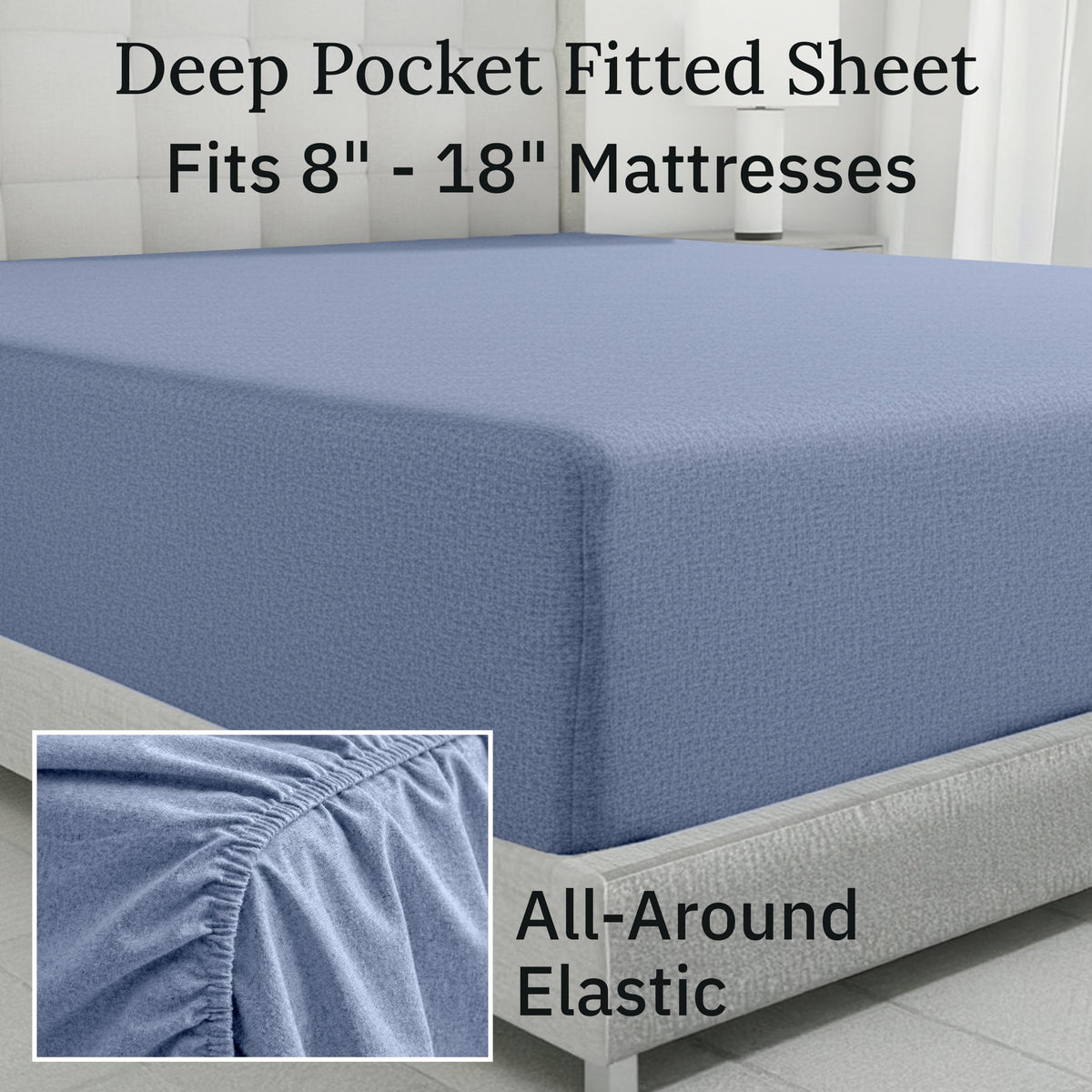 California Design Den Flannel King Size Sheets Set - Made in Portugal, 4-Piece 100% Cotton Flannel Sheets King Size, Thick, Velvet Soft, Triple-Brushed with Extra Deep Pockets - Heather Blue