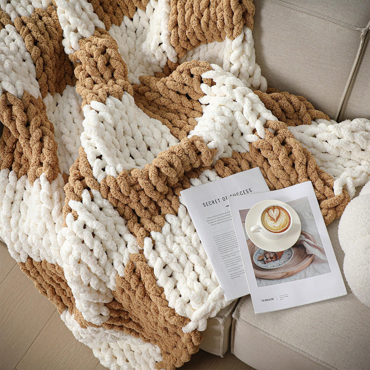 Tudomro Checkered Chunky Knit Throw Blanket for Couch 50 x 60 Inches Neutral Decor 100% Hand Knitted Cozy Soft Large Rope Knot Crochet Blankets for Sofa Living Room(Ivory and Brown)