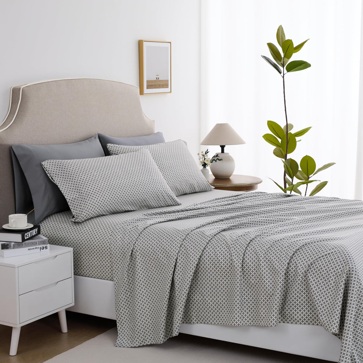 Spirit Linen home 6-Piece King Size Bed Sheet Set - Deep Pocket, Diamond Print Pattern, Soft and Breathable Bed Sheets, Microfiber Material, Includes 1 Fitted, 1 Flat, 4 Pillowcases - Grey Diamond