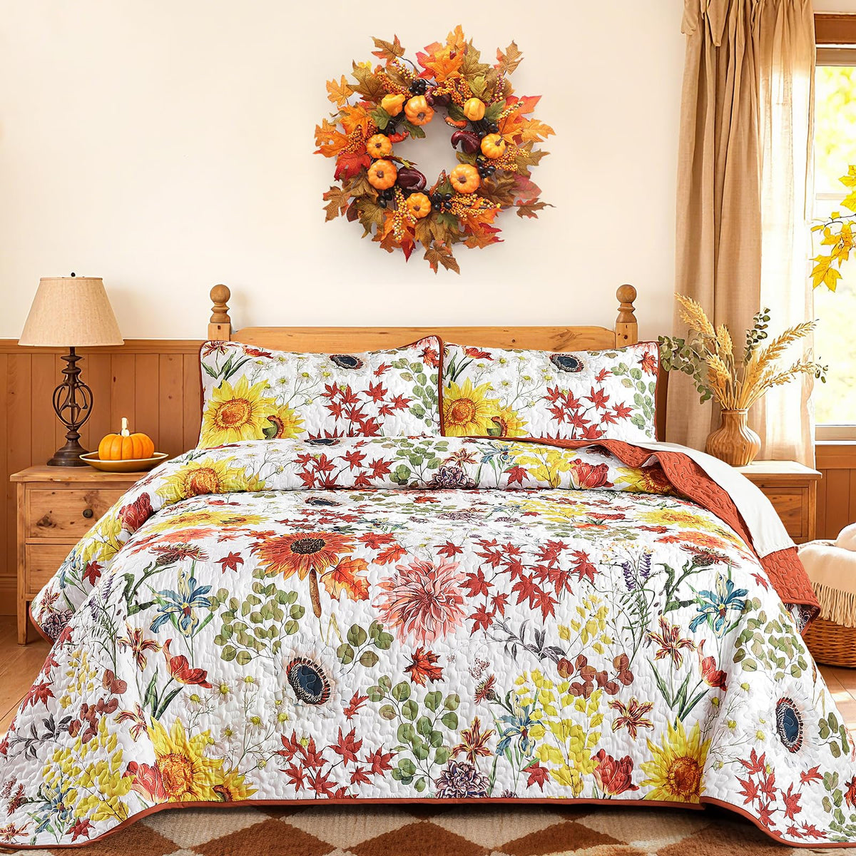 Yiran Fall Floral Quilt Set Queen Size, Orange Red Sunflower Botanical Bedspread Bedding Set, 3 Pieces Soft Lightweight Microfiber Coverlet with 2 Pillow Shams for All Season 96x90 Inch