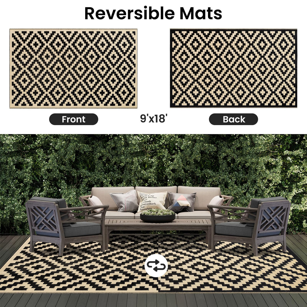 Smiry Waterproof Outdoor Rug 9X18 ft, Reversible Plastic Straw Patio Camping Rugs, Outdoor Indoor RV Mat Carpet for Patio, Outside Entry, Backyard, Deck, Bench, Picnic, Camper, Black & Beige
