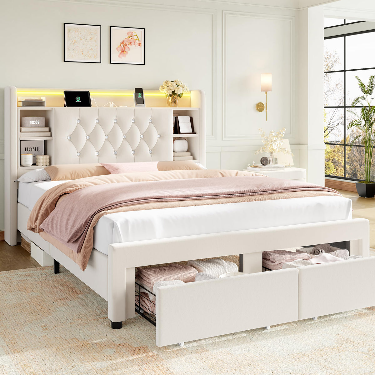 Full Bed Frame with Drawers, Hidden-Cubby & Shelves Storage Headboard with Charging Station and LED Lights, Velvet Upholstered Platform Bed Solid Wooden Slats Support No Box Spring Needed, Beige