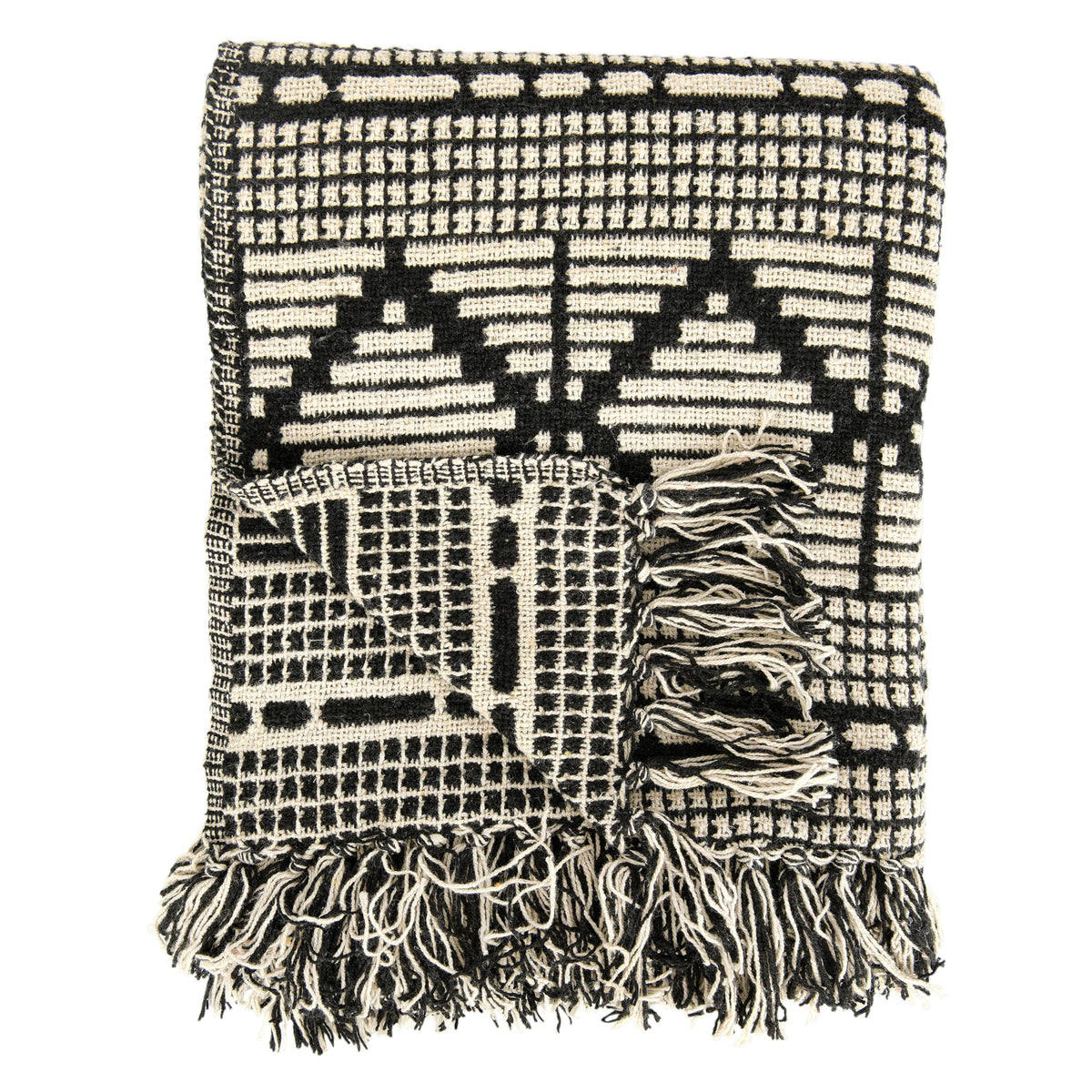 Bloomingville Soft Reclaimed Cotton Blend Throw with Diamond Pattern and Fringe, Black and Beige