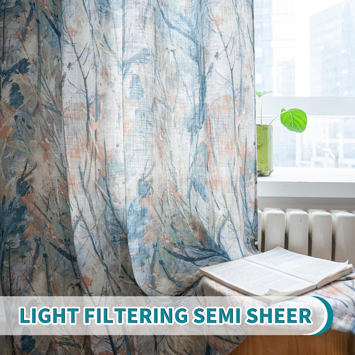 MEETSKY Blue Curtains 84 Inch Long for Living Room - Branches Pattern Printed Curtain Light Filtering Thick Linen Textured Grommet Drapes for Bedroom, 52" x 84", Blue, 2 Panels