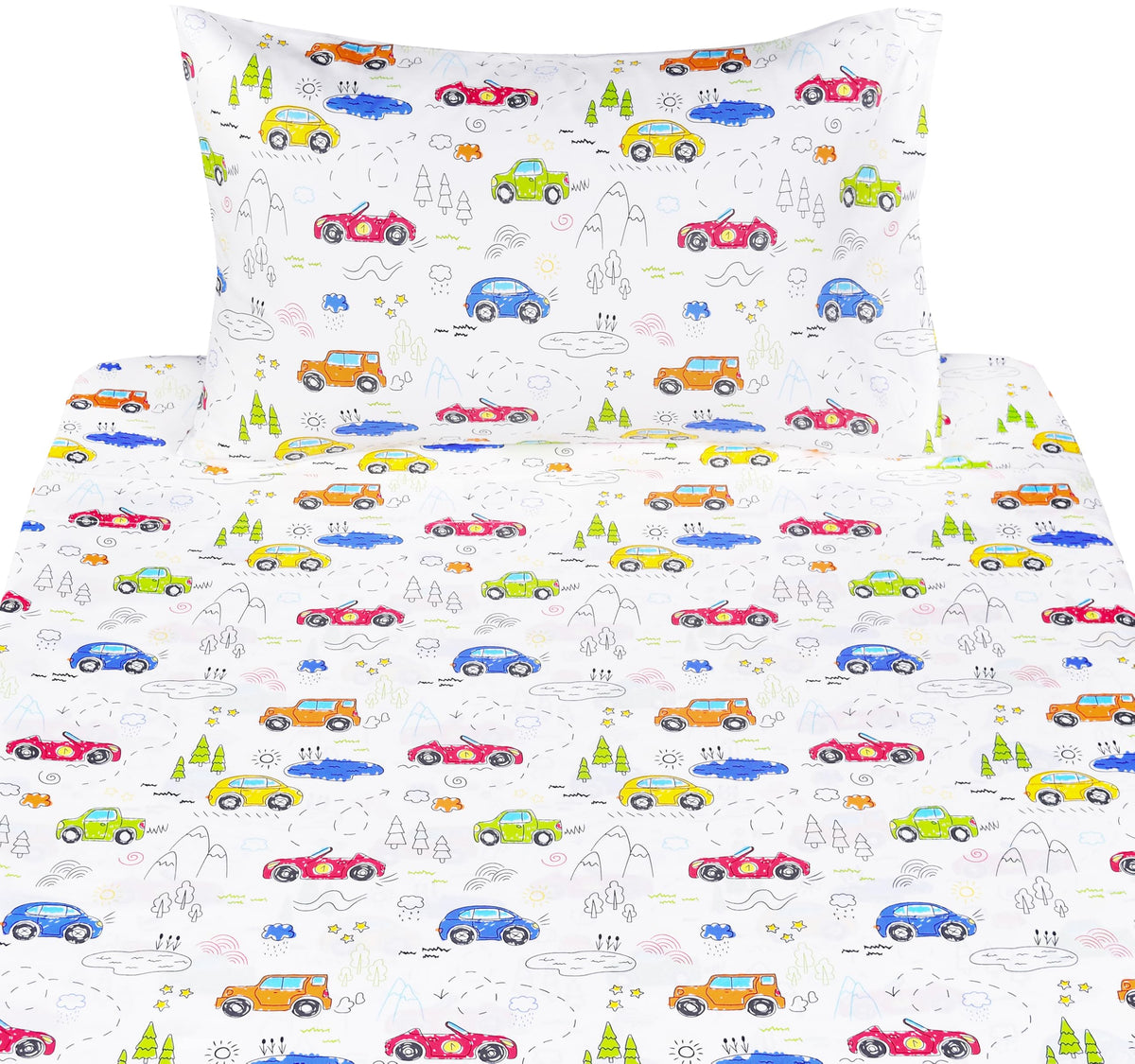 J-pinno Colourful Cars Trees Lakes Hills Trave Journey Cute Cartoon 100% Cotton 3 Pieces Twin Sheet Set for Kids Girls Boys Children Flat Sheet + Fitted Sheet + Pillowcase Bedding Decoration Gift Set