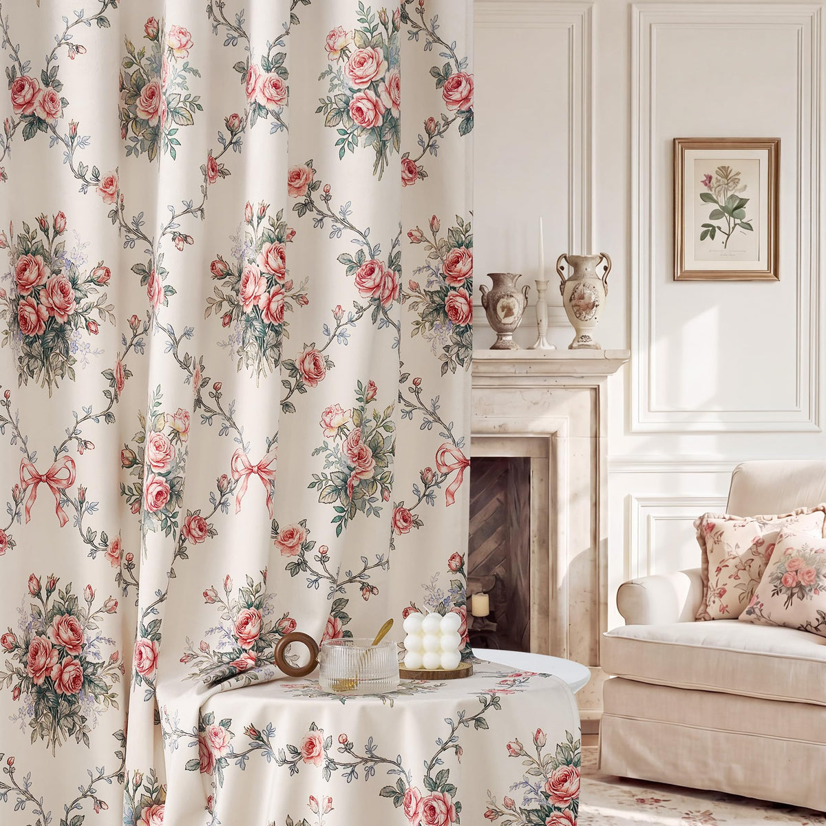 StangH French Country Rose Floral Velvet Curtains, Cream Shabby Chic Ribbon Bow Printed Window Drapes Romantic Privacy Panels for Girls Room Nursery, W52 x L84, 2 Panels