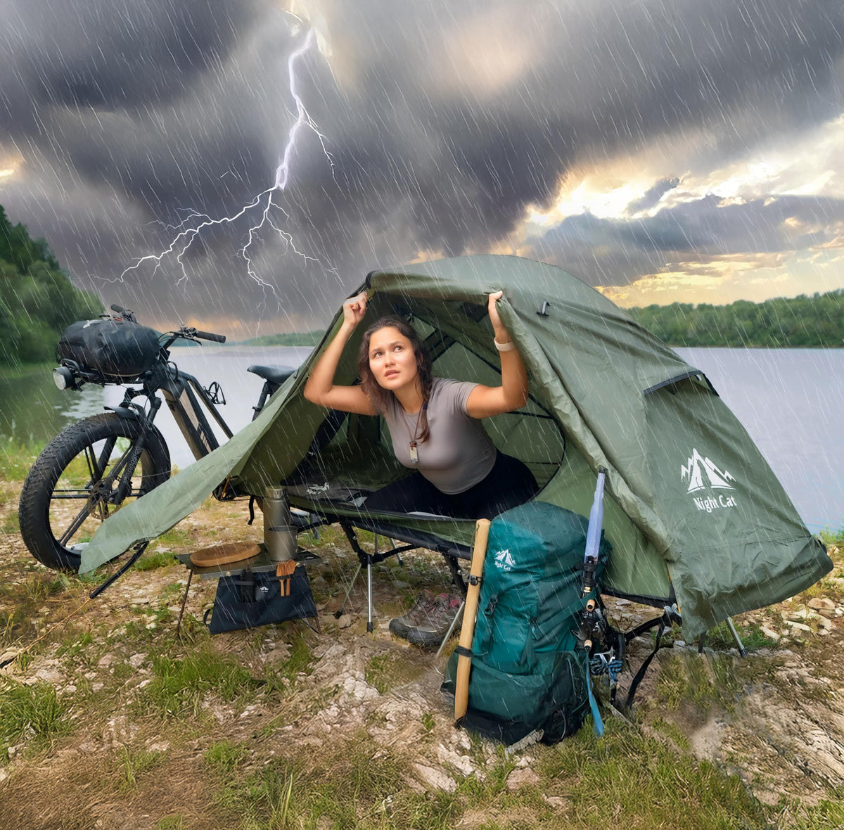 Night Cat Camping Cot Tent - Waterproof 1-Person Off-Ground Combo Cot Bed for Adults Portable Easy Set-up Tent Green 31.5'' Width