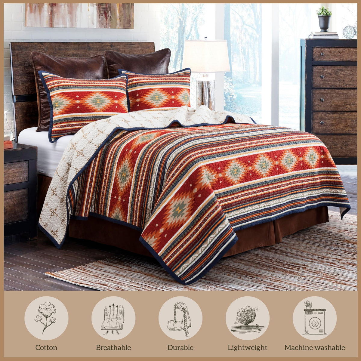 Paseo Road Del Sol King Quilt Set, 3 Piece Rustic Western Bedding Set with Pillow Sham, Lightweight Reversible Cotton Quilt with Southwestern Aztec Pattern, Soft Breathable Cozy Boho Bedding