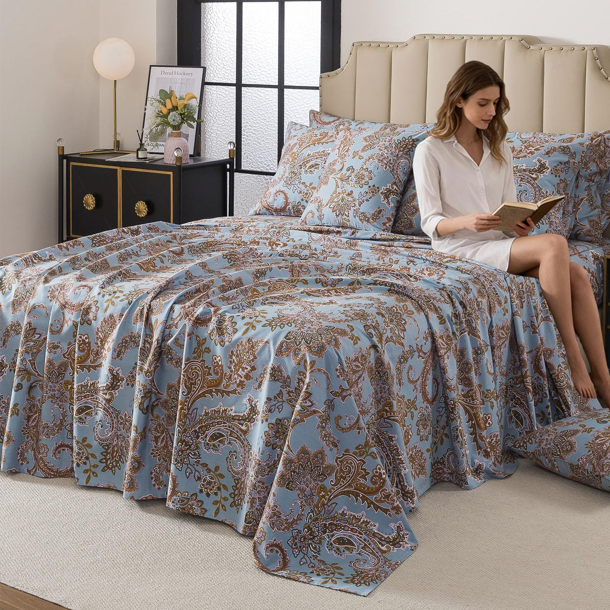 FADFAY King Sheet Set, Vintage Blue Paisley 4-Piece 100% Cotton Bed Sheets, Soft & Breathable Deep Pocket Fitted Sheet, Classic Elegant Style for All Seasons