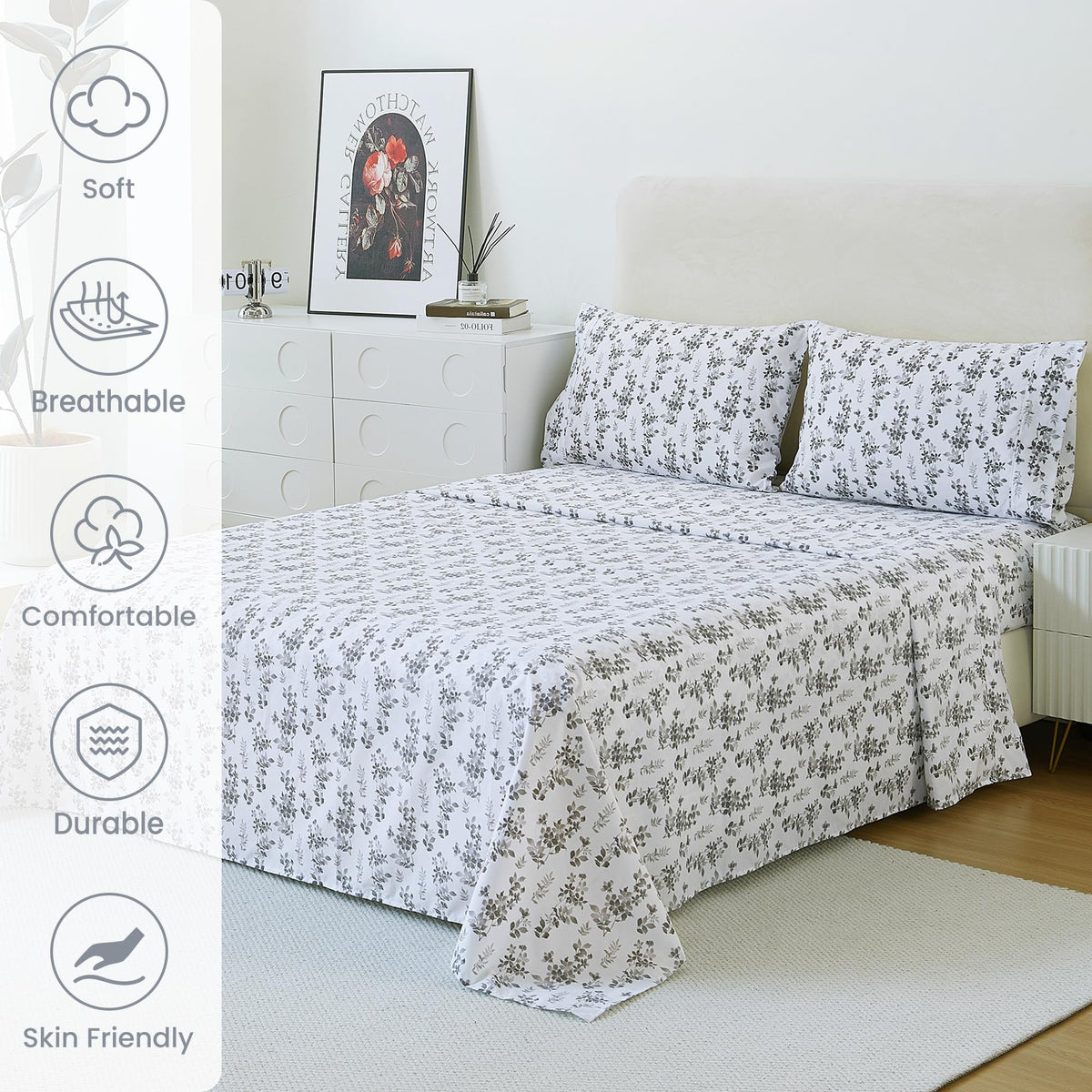 Mooreeke Cozy Vintage Microfiber Printed Full Sheet Set - Soft Breathable Percale Cotton Floral Bed Sheets with Deep Pocket - Non-Slip Fitted Design - Gradient Grey Small Flowers Pattern