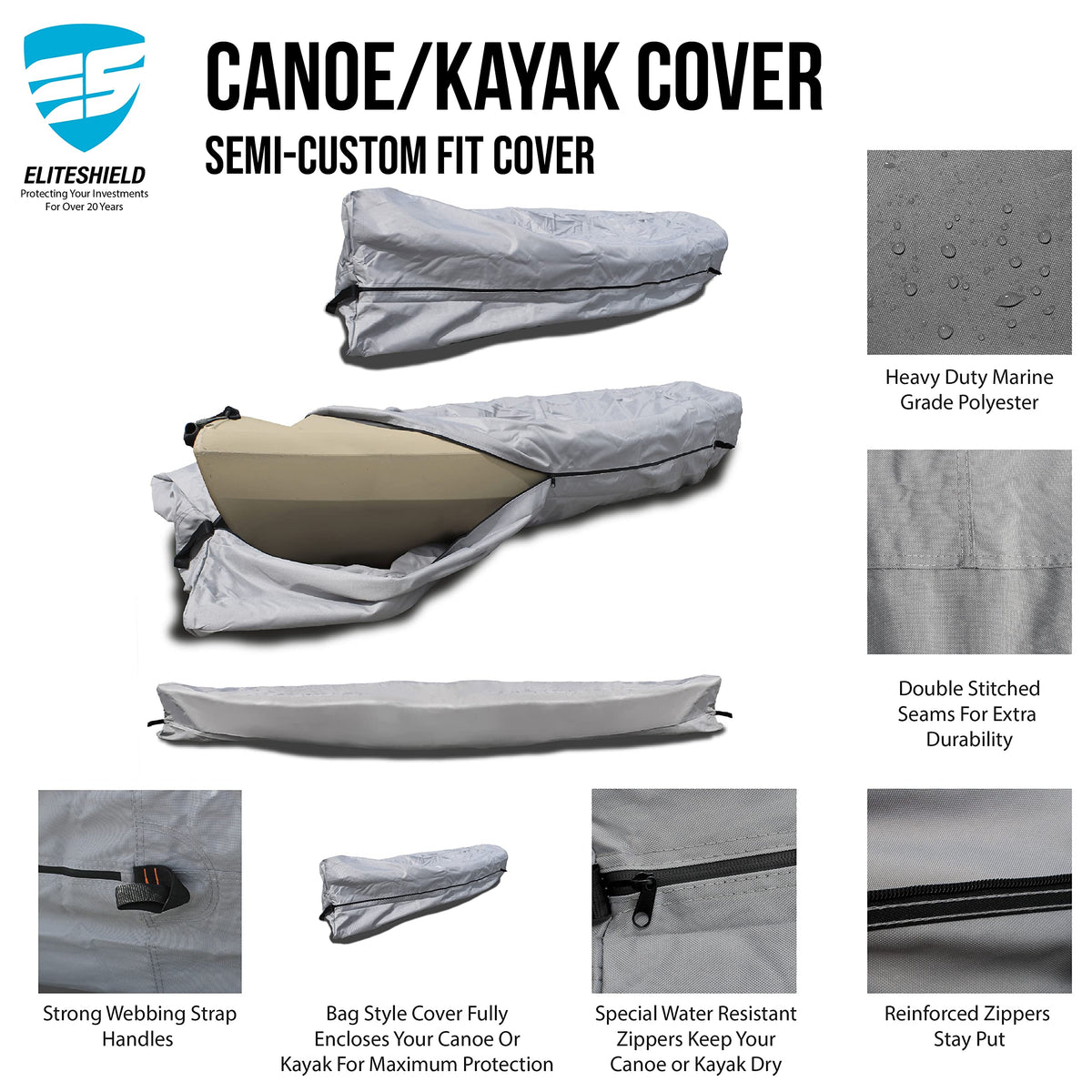 EliteShield Full Canoe Kayak Cover; Waterproof UV Resistant 600D Marine Grade Polyester Canoe Kayak Boat Storage Cover fits 17 ft-18 ft Long, 120 Inches Girth Gray Color