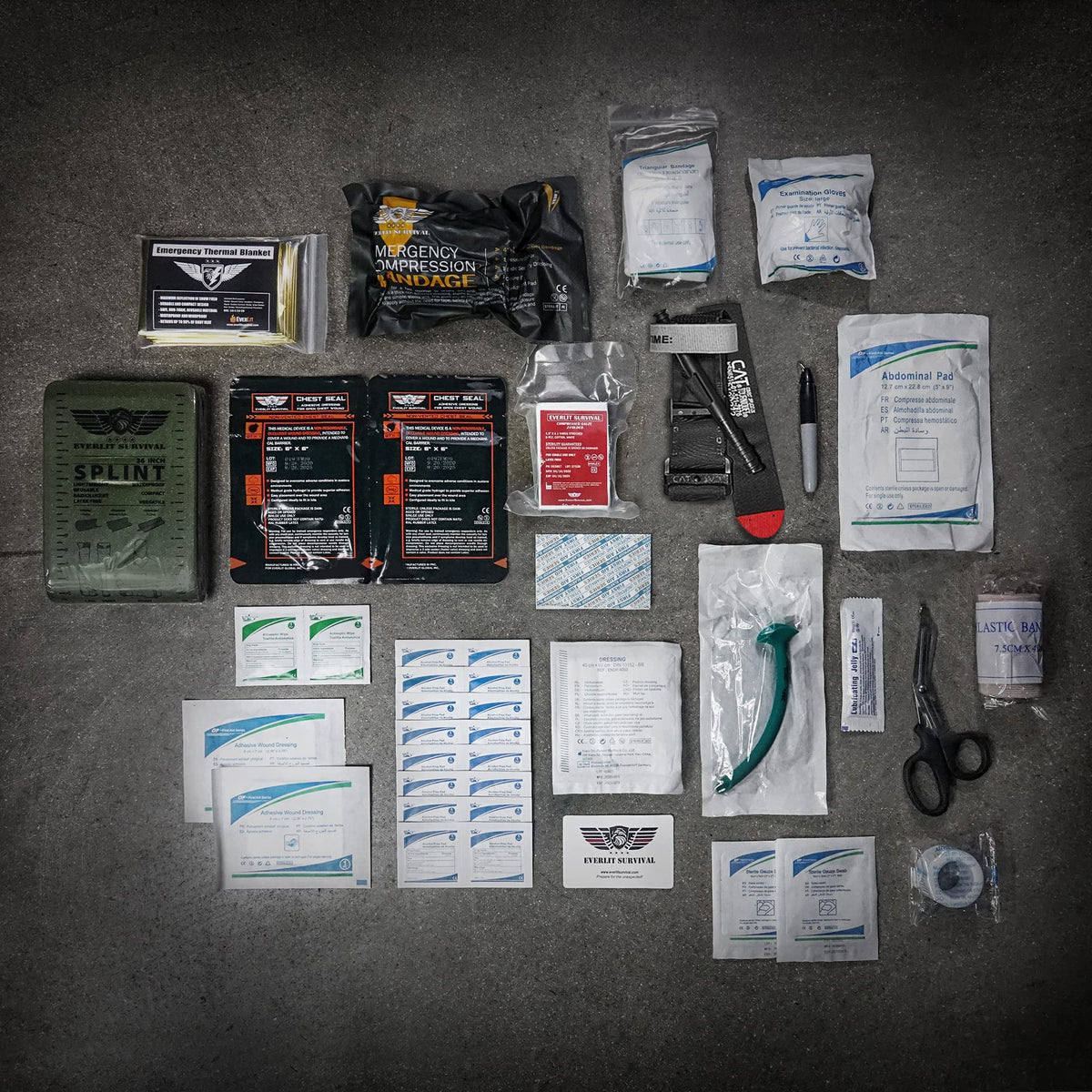 EVERLIT Advanced Trauma Kit, CAT GEN-7 Tourniquet, TCCC Compliant, Mil-Spec Nylon Laser Cut Pouch with 36" Splint, Military Combat Tactical IFAK for Emergency Bleeding Control (Black)