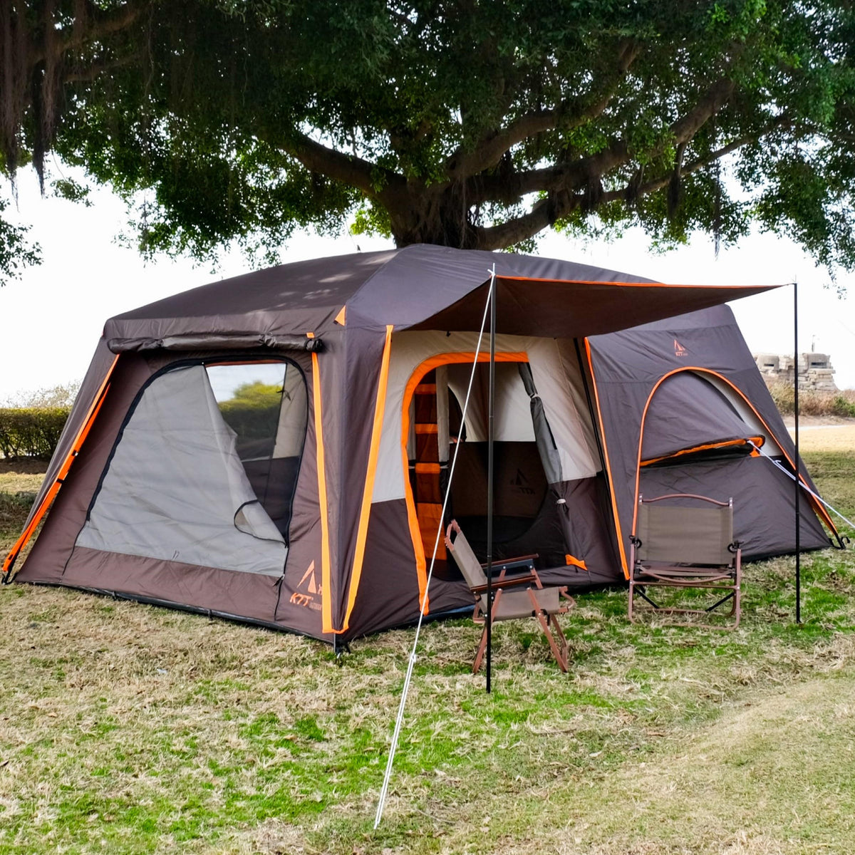 KTT Extra Large Tent 12 Person,Family Cabin Tents,Full Rainfly,2 Bay-Windows,2 Rooms and 3 Doors 3 Windows with Mesh,Waterproof,Straight Wall,Double Layer,Big Tent for Outdoor,Picnic,Camping(Brown)