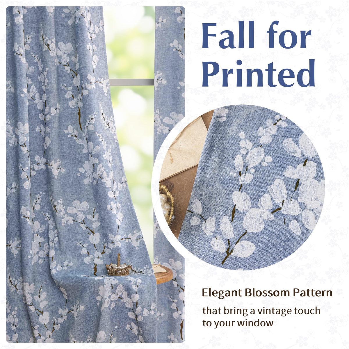 FMFUNCTEX 100% Blackout Floral Curtains for Bedroom, Blue Curtains 84 inch Length Blossom Flower Patterned for Living Room, Thermal Insulated Farmhouse Drapes, Rod Pocket 2 Panels (White on Blue)