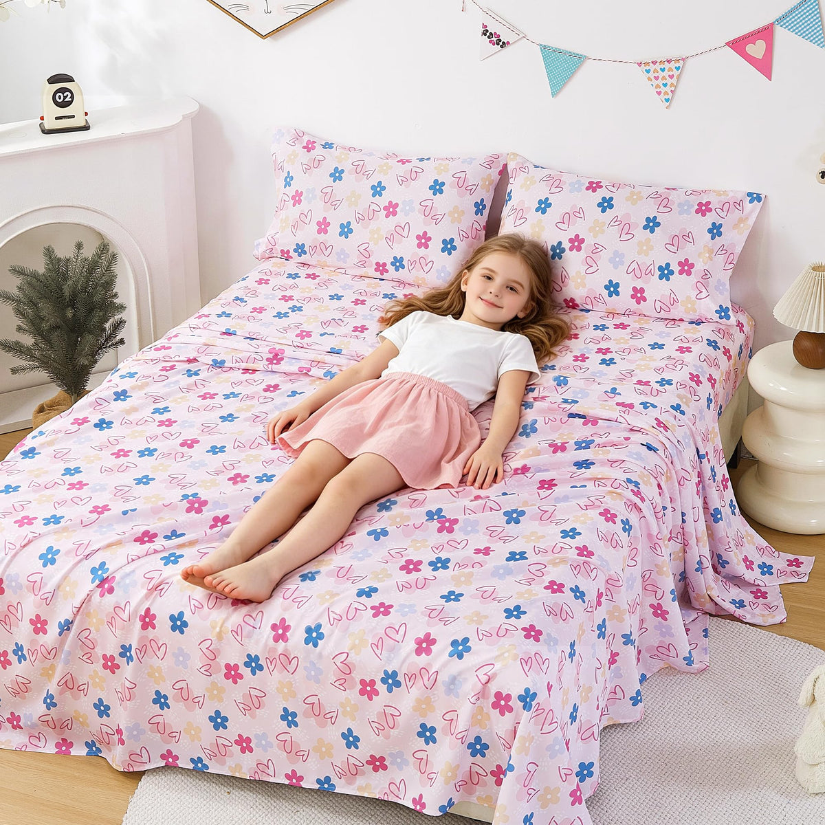 CozySmile Twin Sheet Set Kids,3 Pieces Breathable Soft Microfiber Bedsheets for Child Girls, Oeko-TEX, Anti Pilling Deep Pockets Easy Care Bed Sheets, Heart