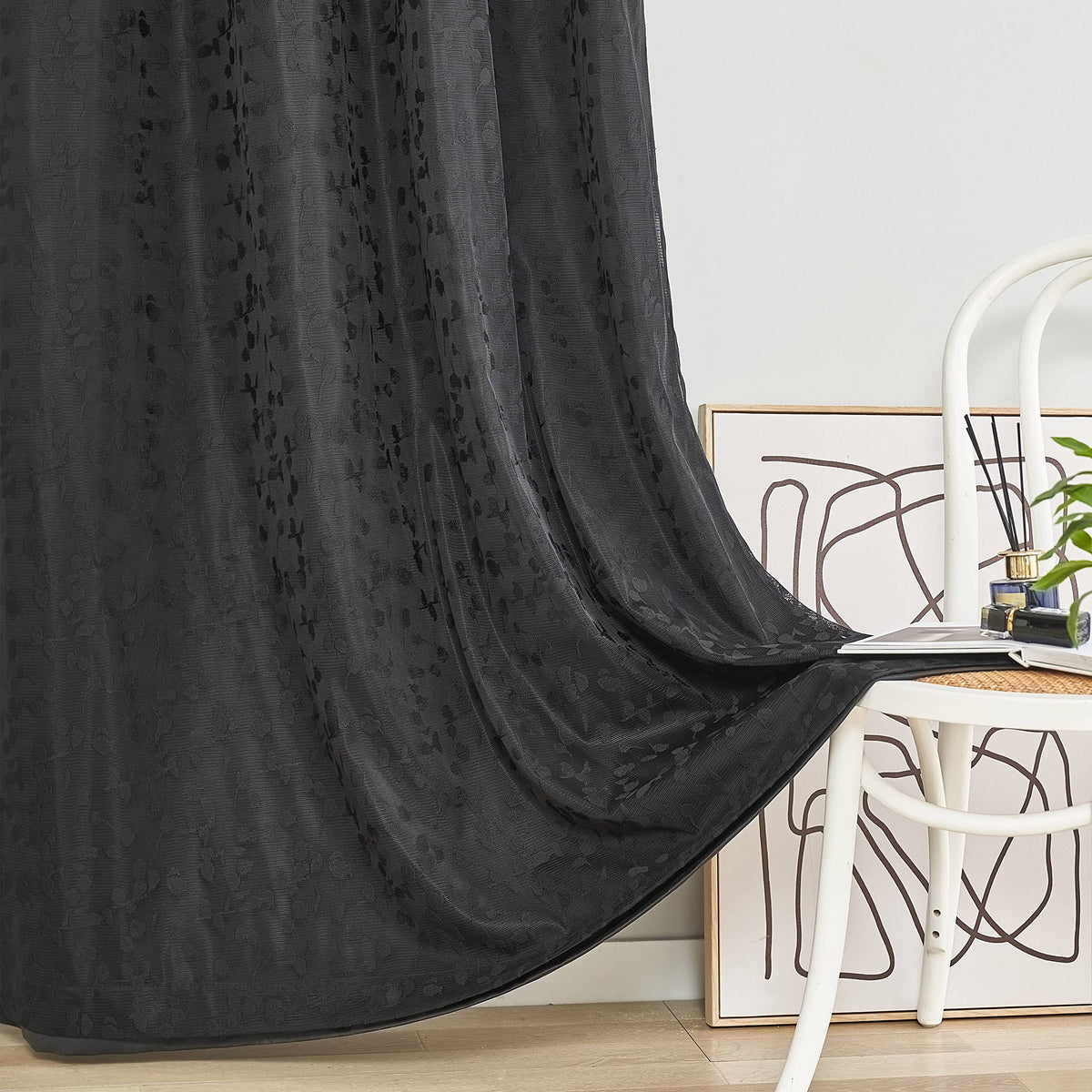 Jubilantex Full Blackout Curtains + Leaf Sheer Window Panels, Mix and Match Style Double Layer Window Treatment Sets for Bedroom Living Room, 4 Panels 52" W x 63" L, Black and Black