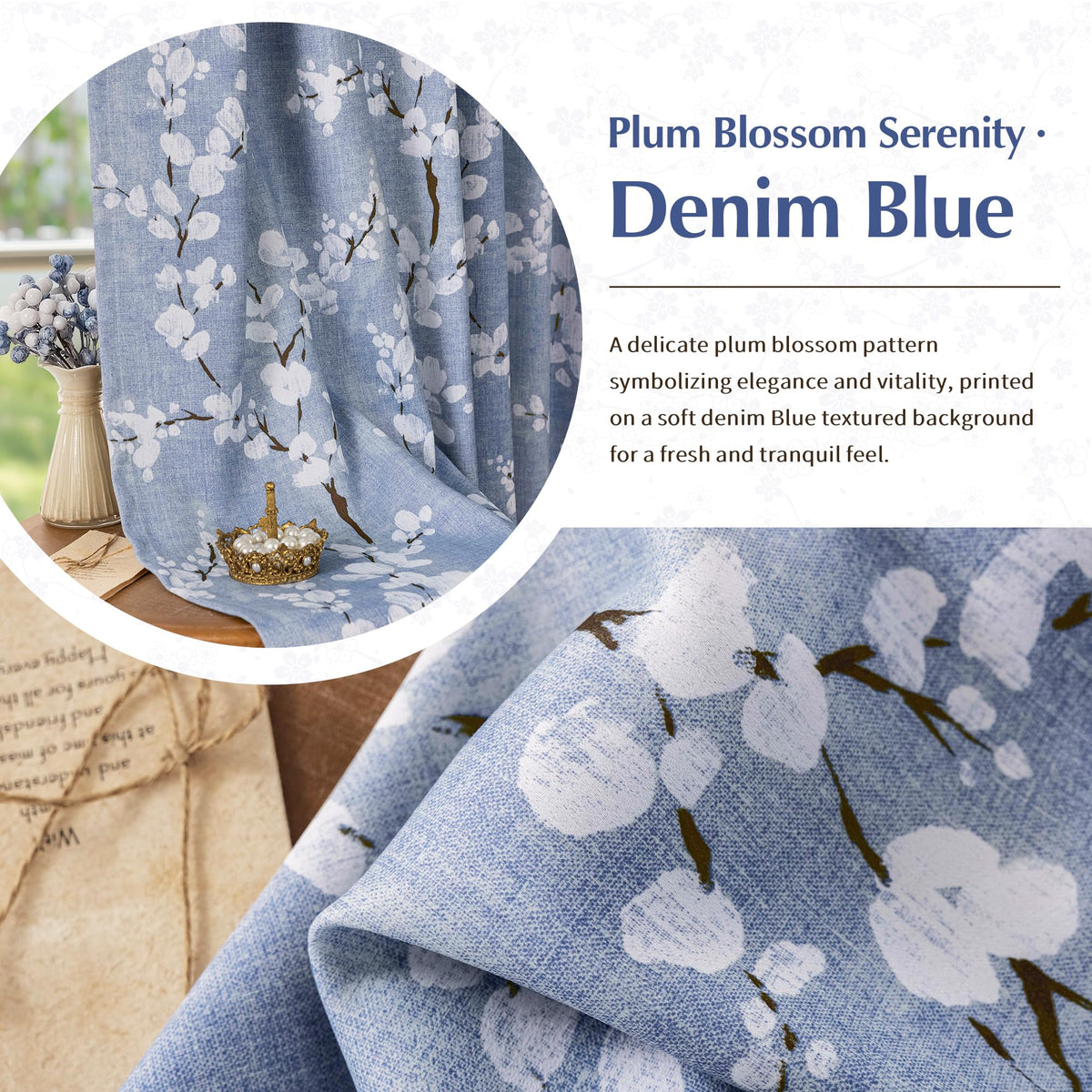 FMFUNCTEX 100% Blackout Floral Curtains for Bedroom, Blue Curtains 84 inch Length Blossom Flower Patterned for Living Room, Thermal Insulated Farmhouse Drapes, Rod Pocket 2 Panels (White on Blue)