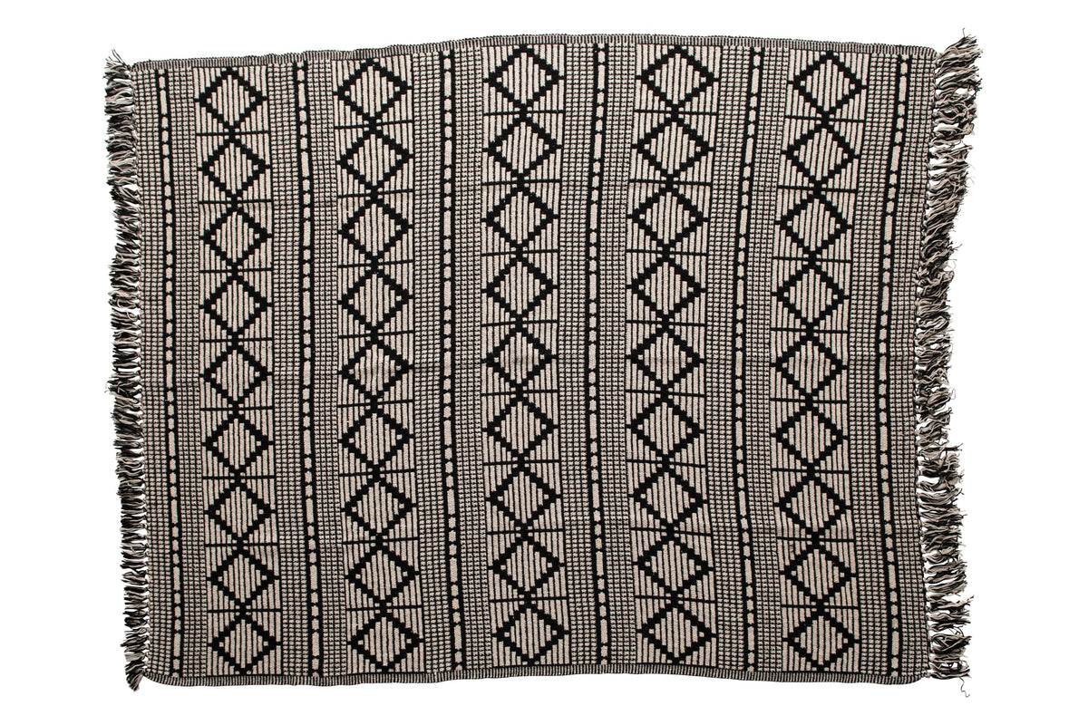 Bloomingville Soft Reclaimed Cotton Blend Throw with Diamond Pattern and Fringe, Black and Beige