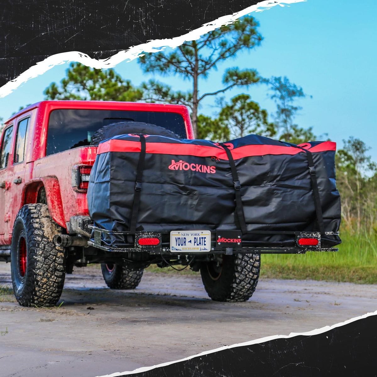 Mockins 70"x30"x6" XXL Folding Trailer Hitch Cargo Carrier w/Rear Lights, Plate Bracket & 40 CuFt Waterproof Cargo Bag for Hitch Carrier | 500 Lbs Cap Luggage Rack for SUV Car & Truck w/Accessories