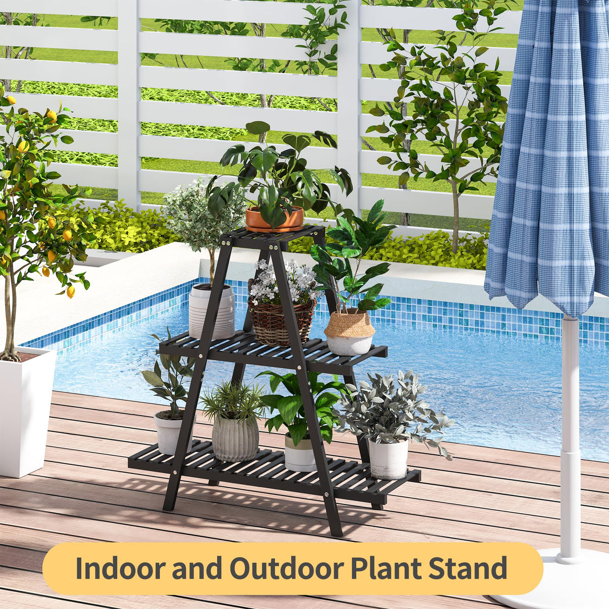 Furshus Bamboo Plant Stand Indoor/Outdoor, 3-Tier, Black, Rectangular, 8 Potted Flower Holder Ladder Plant Rack