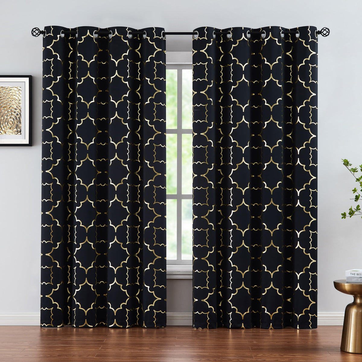 Purainbow Blackout Curtains for Bedroom, Gold Foil on Black Curtains 90 Inches Long Curtains for Living Room Metallic Moroccan Print Drapes, Energy Efficient Window Treatments Grommet Top 2 Panels