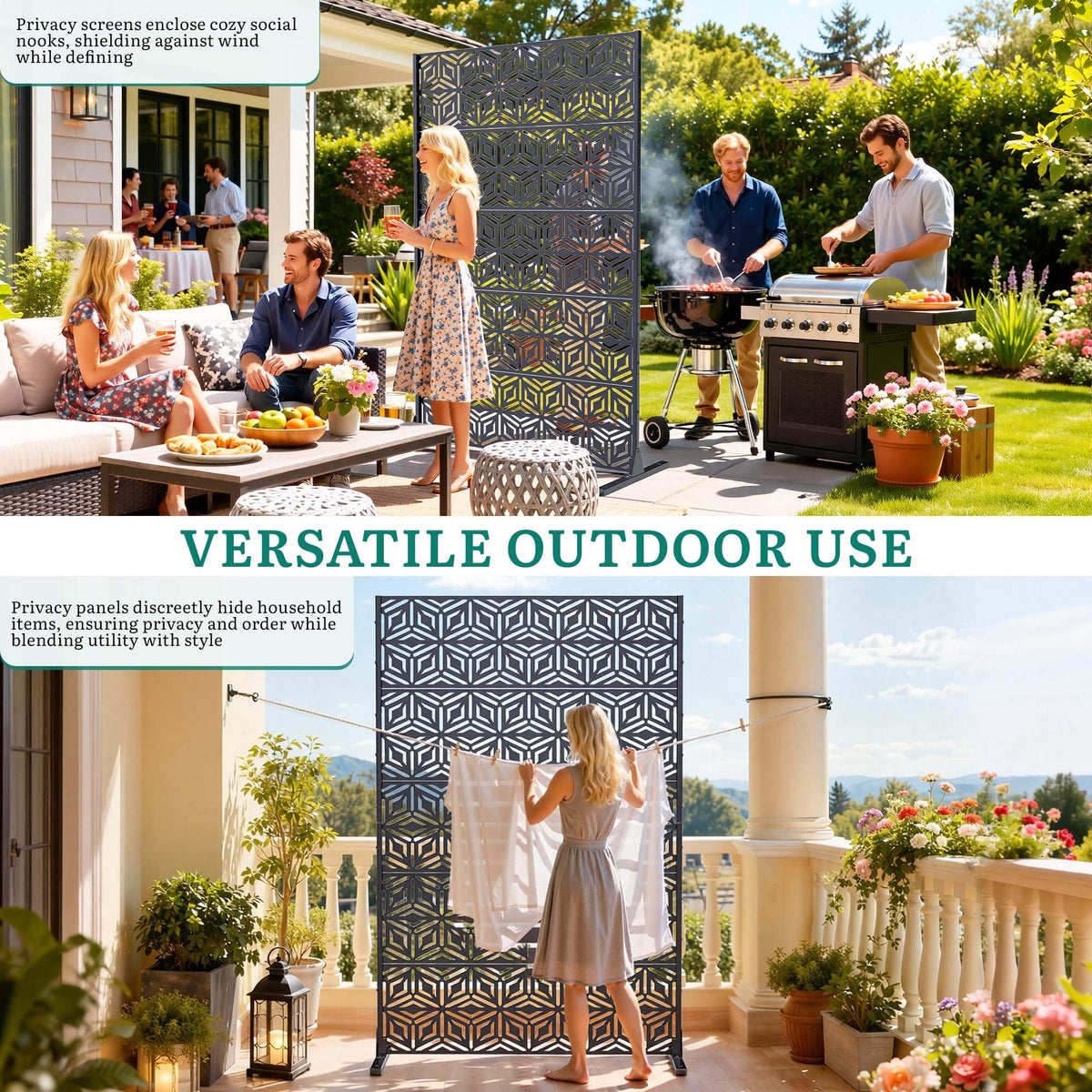 Ultym Decorative Privacy Screen Outdoor 72" H×44" W, Steel Laser Cut Snowflakes Garden Privacy Fence Panel, Weatherproof Freestanding Modern Screen Divider for Balcony Patio Deck Backyard Home