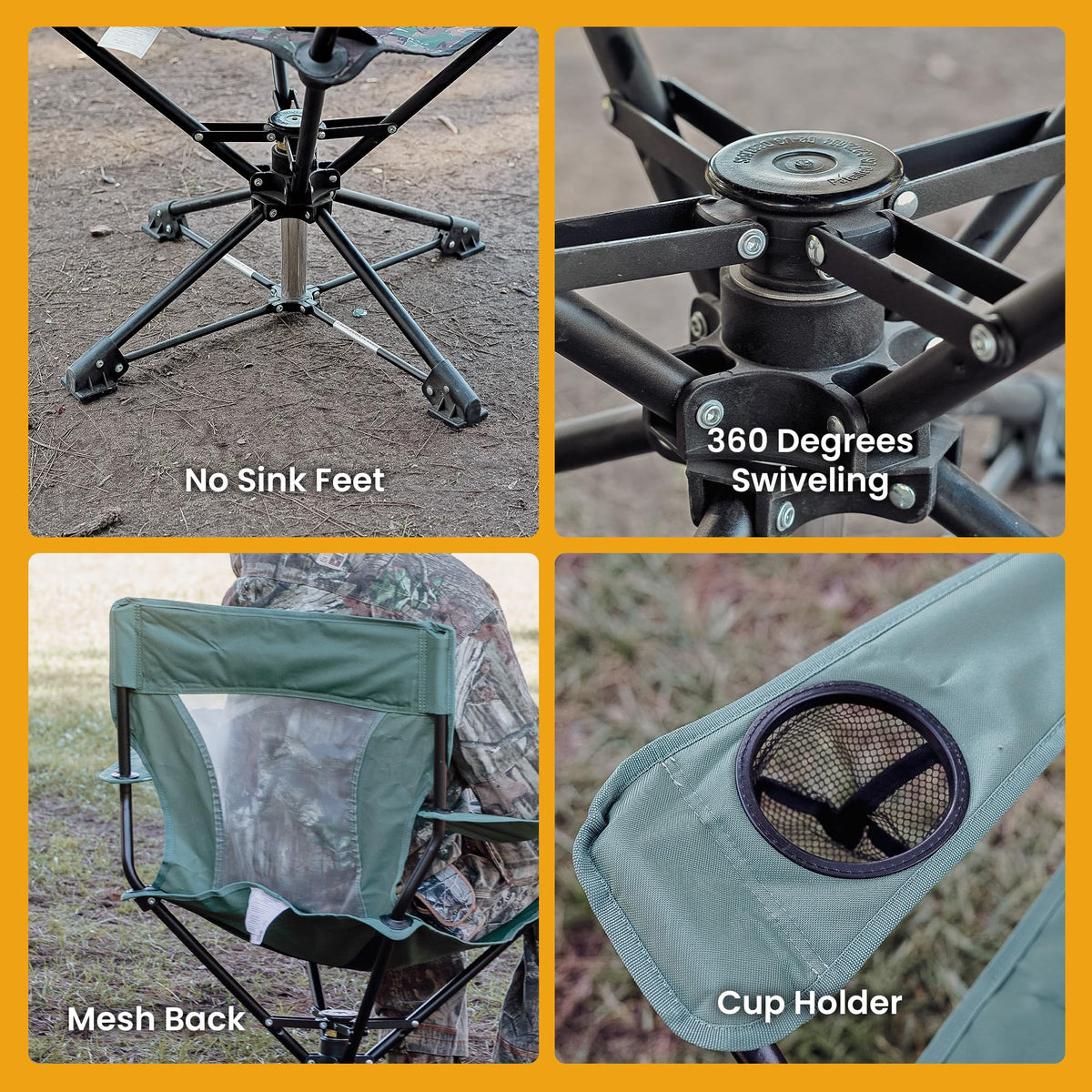 ARROWHEAD OUTDOOR 360° Degree Swivel Hunting Chair Stool Seat, Perfect for Blinds, No Sink Feet, Supports up to 450lbs, Carrying Case, Steel Frame, Fishing, High-Grade 600D Canvas, USA-Based Support