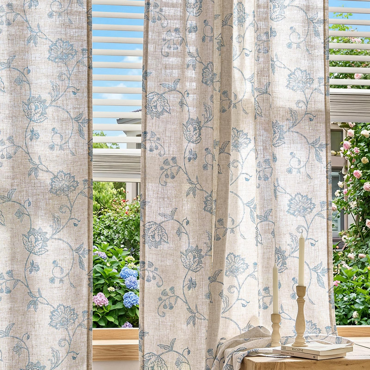 jinchan Linen Curtains Floral Curtain 84 Inch Length for Living Room Bedroom Light Filtering Rod Pocket Back Tab Jacobean Curtains Flax Linen Texture Window Drapes Set 2 Panels Blue on Linen