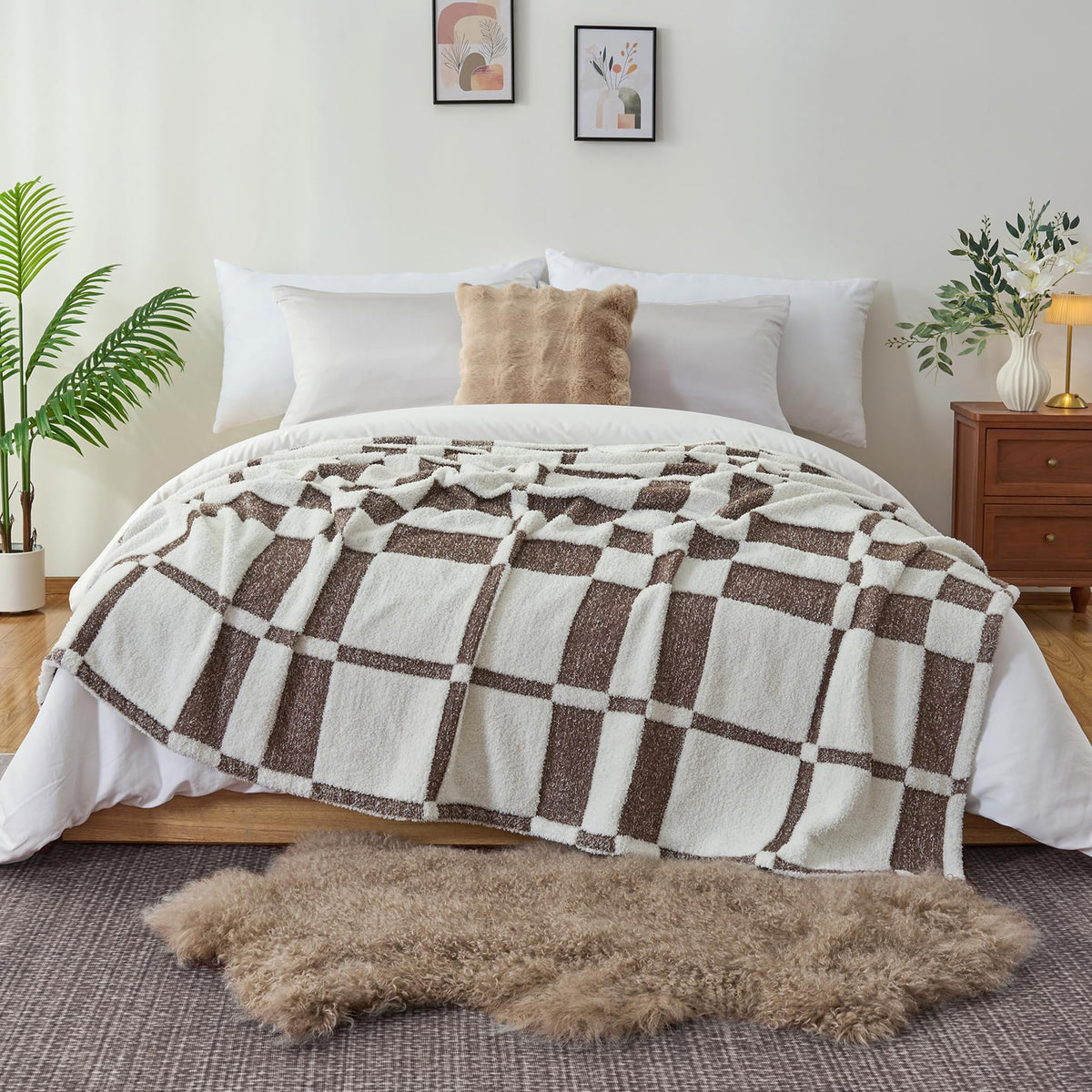 CloudDwelling Winter Plaid Throw Blanket Fluffy Fuzzy Soft Lightweight Cozy Farmhouse Tassels Checkered Knitted Throws for Couch Sofa Bed (Brown, 50"x60")