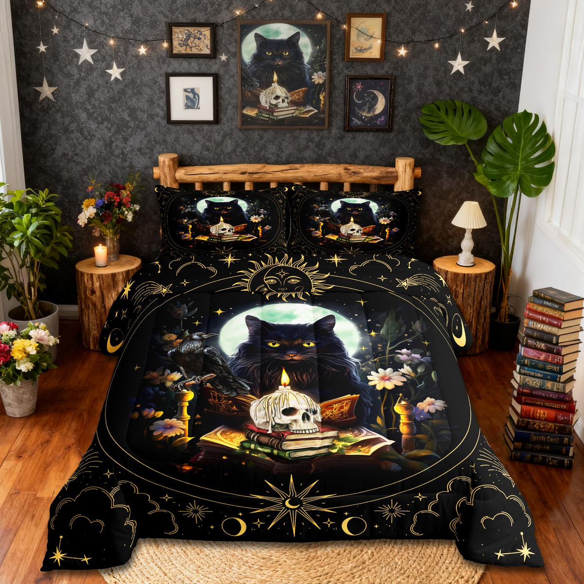 Trippy Cat Comforter Set Queen Size,Sun and Moon Kids Bedding Set Gothic Sugar Skull Crow Print Quilt Set for Girls Boys Adult Room Decor,Exotic Daisy Floral Duvet Insert,2 Pillowcases,Black