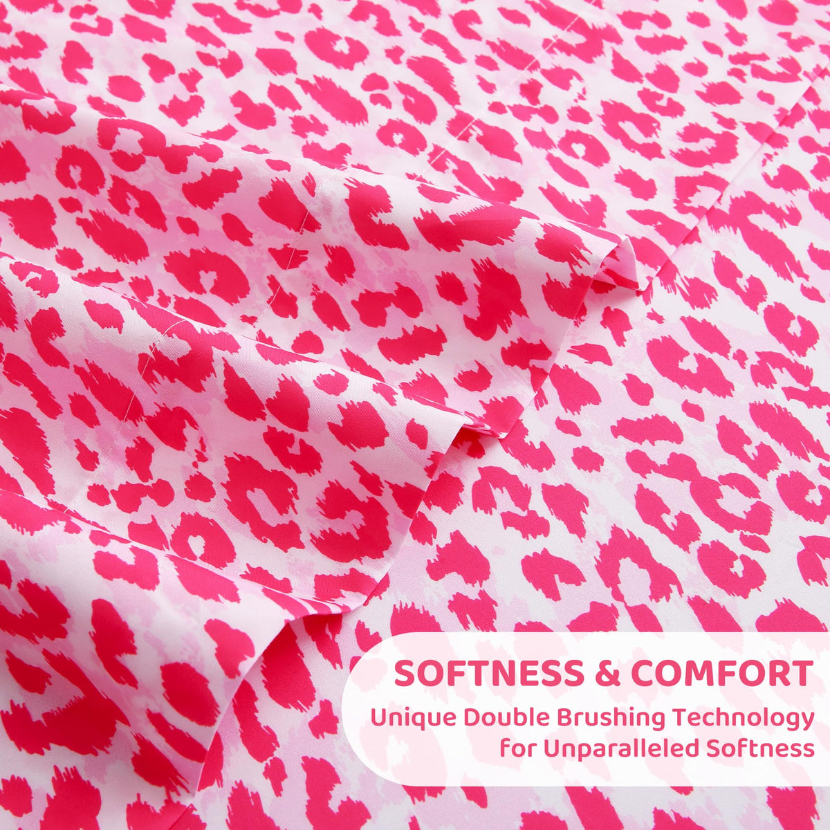 Mooreeke Leopard Cheetah Printed Full Bed Sheets, Soft Microfiber Bedding Sheets & Pillowcases, Deep Pocket Non-Slip Fitted Full Sheet, Pink Animal Pattern Bedsheets