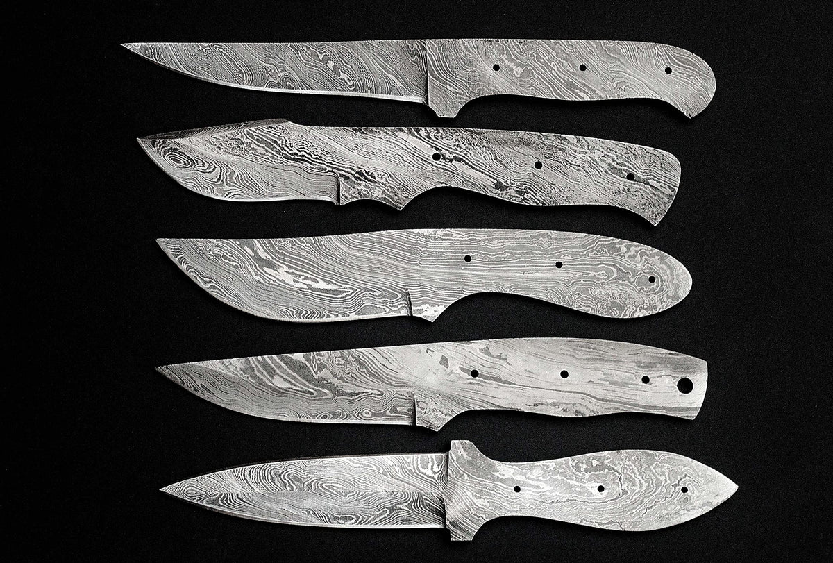5 pieces set of 8 to 9.5 inches long hand forged twist pattern Damascus steel blank blade skinning knife set, Over all 44 inches long blades compact pocket knife blanks, knife making supplies