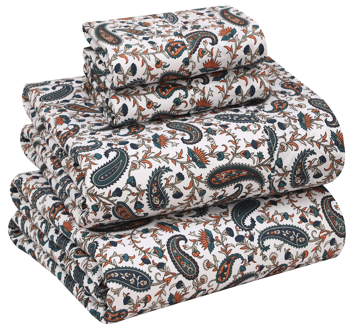 RUVANTI 100% Cotton Percale Sheets, Queen Size, Teal Paisley