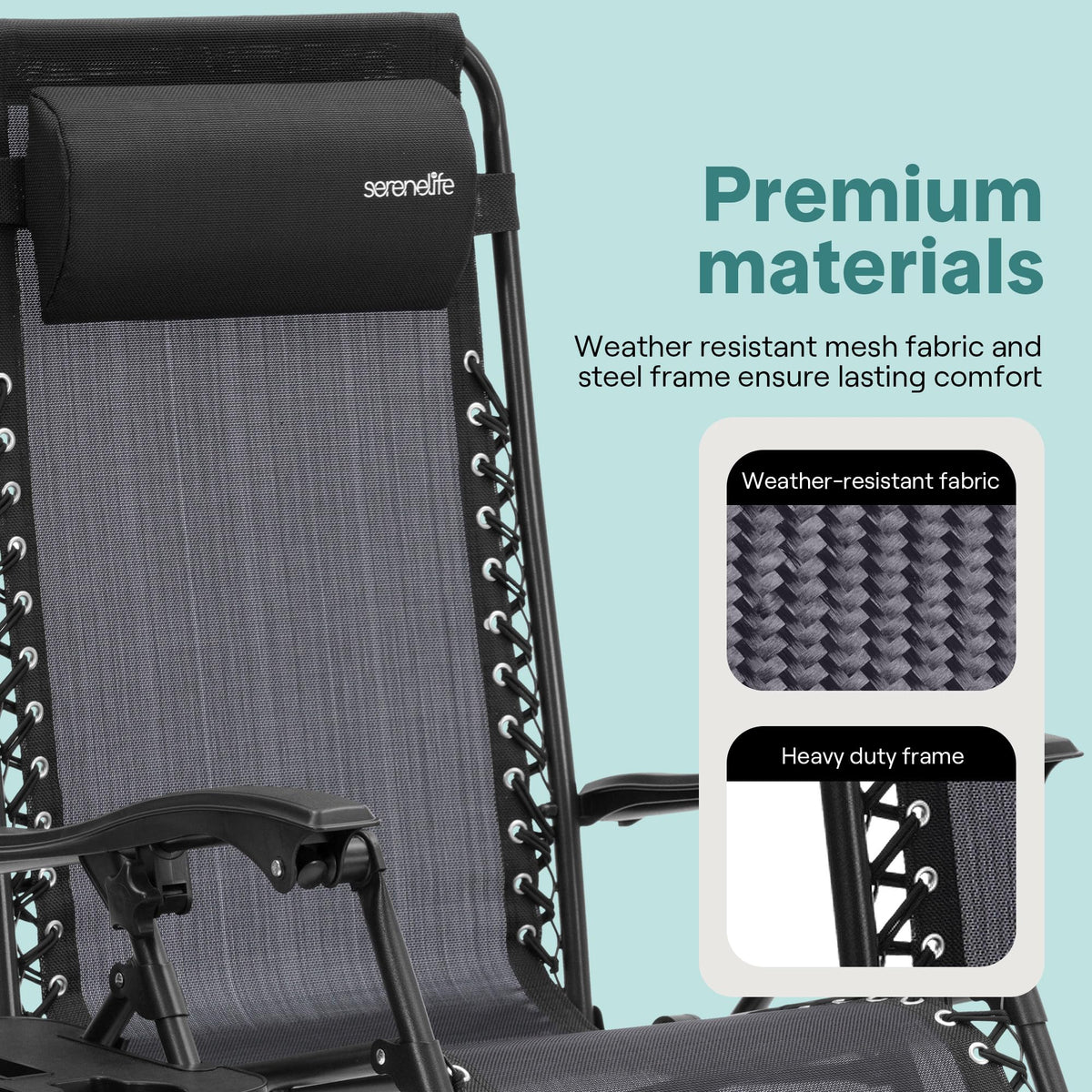 SereneLife Zero Gravity Outdoor Lounge Chairs 2 Pack – Folding Recliners with Side Table, Cup Holder & Padded Headrest – Adjustable Patio Chairs for Lawn, Garden, Deck, Camping (Black)