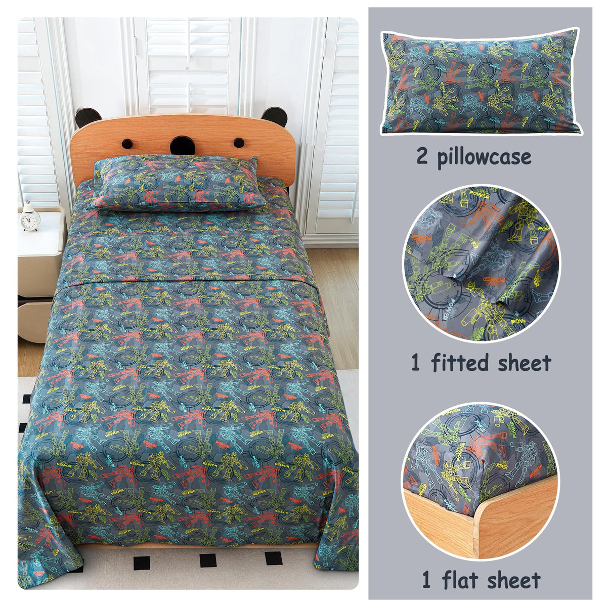 Softan Kids Bed Sheet Set, 4-Piece Full Size Sheets, Microfiber Fitted Sheet with 15 Inches Deep Pocket and Corner Straps, Breathable & Silky Soft Linear Robot Printed Sheet and Pillowcase Sets