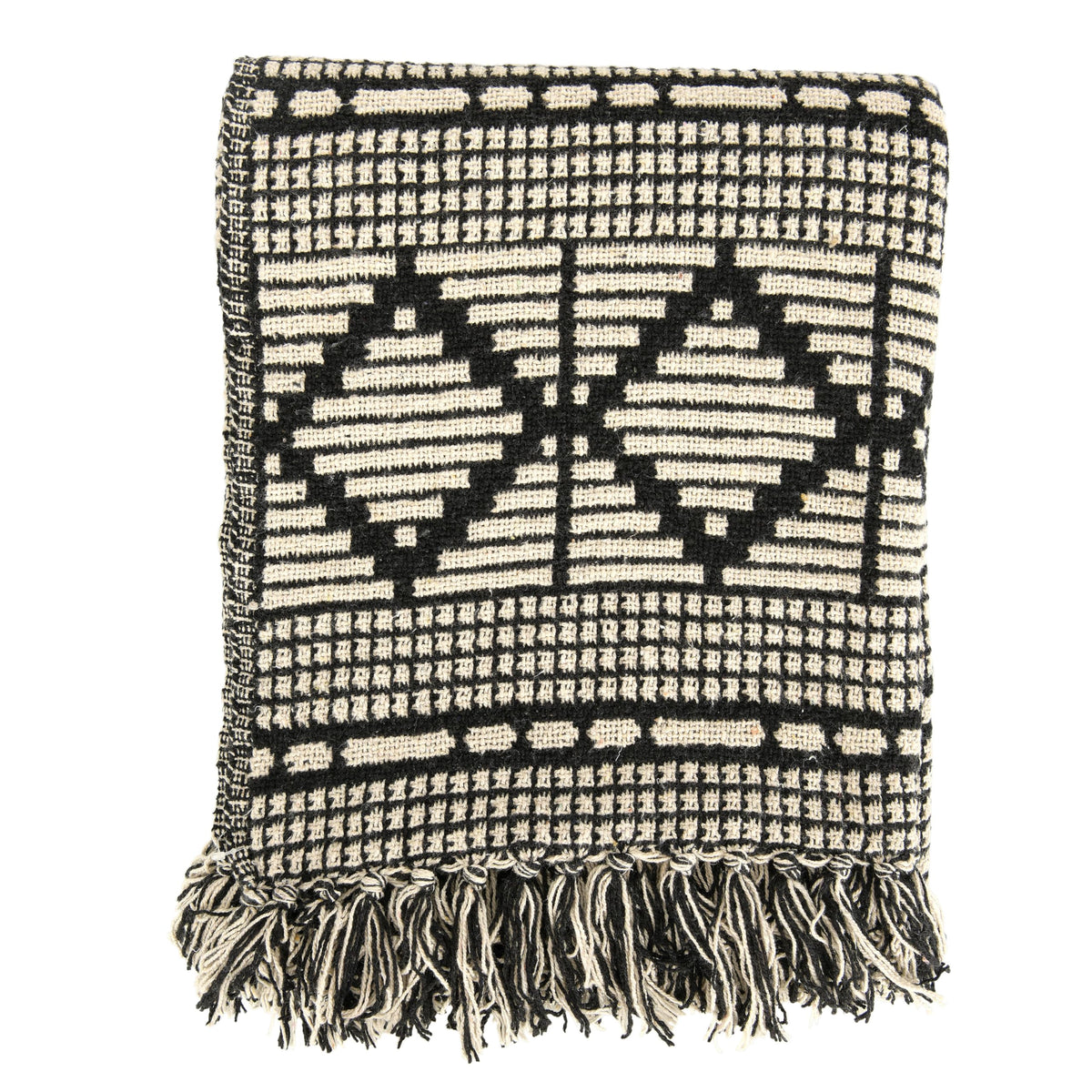 Bloomingville Soft Reclaimed Cotton Blend Throw with Diamond Pattern and Fringe, Black and Beige