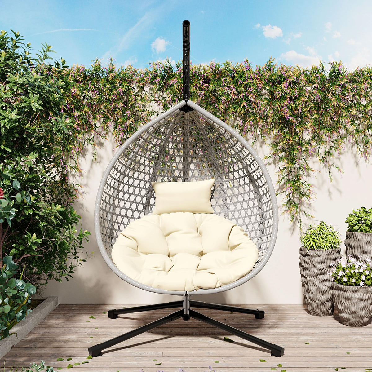 Merax Egg Hanging Chair with Stand, Indoor/Outdoor Swinging Wicker Hammock Chair for Patio, Garden, or Living Room