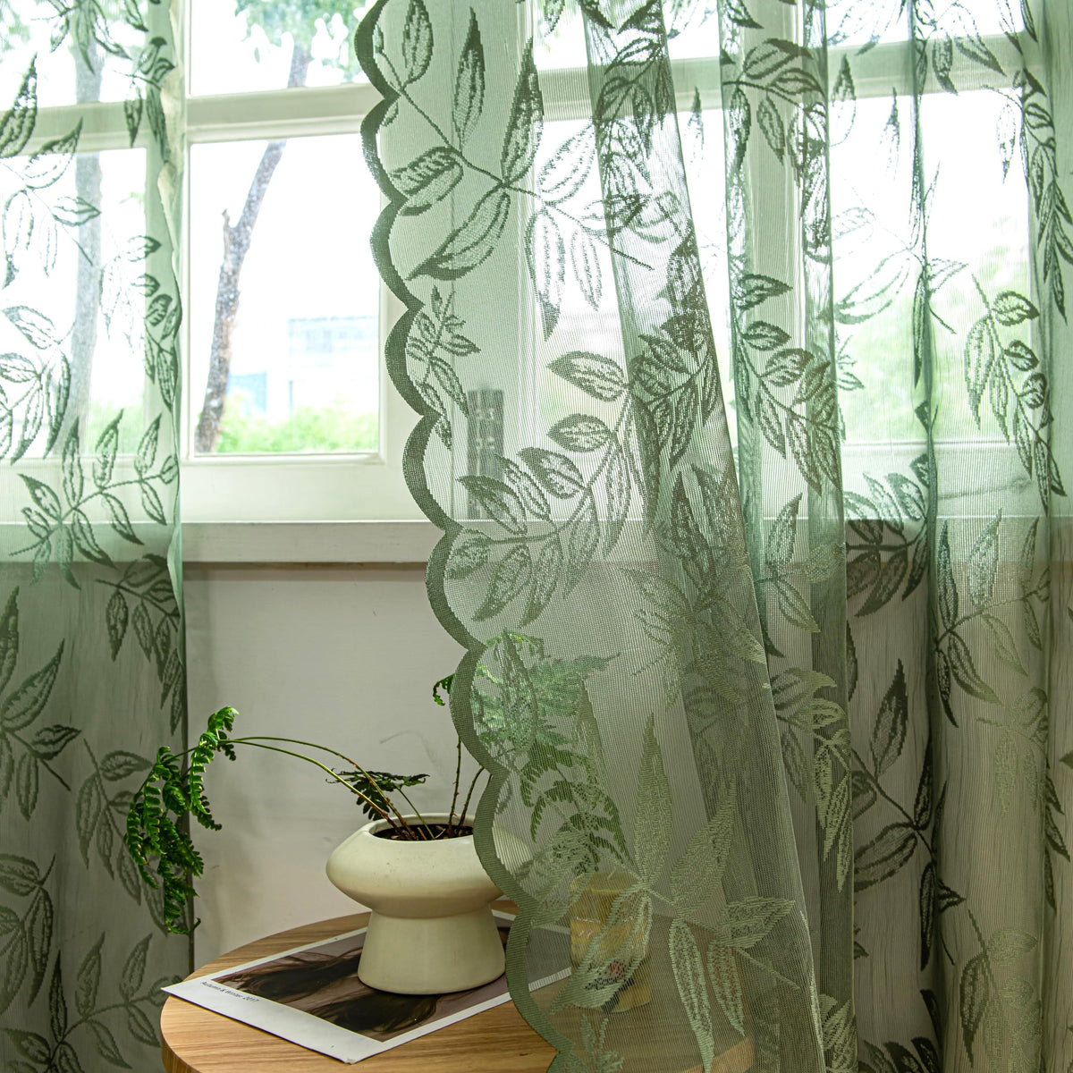 Sutuo Home Olive Green Lace Curtains 84 Inches Long for Bedroom Living Room, Leaf Embroidery Window Sheer Drapes Pair, Rod Pocket Vintage Country Window Treatments Set of 2 Panels, 57" W x 84" L