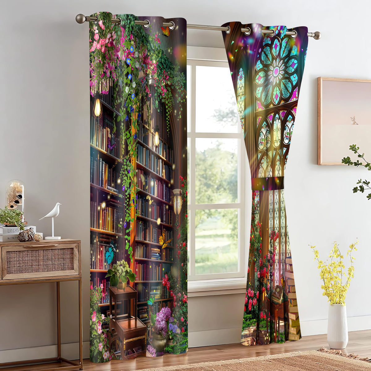 HIYSMT Fantasy Library Blackout Curtains,Magic Book Bookshelf Butterfly Print Curtain,5284inch Medieval Stained Glass Fairy Tale Floral Drapes for Bedroom Living Room 2Panel HI046YL