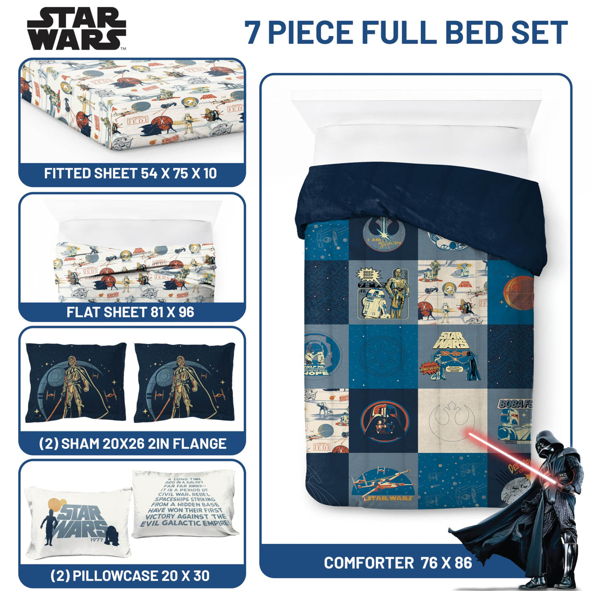 Jay Franco Kids Bed Set, Blue, Star Wars, 7 Piece Full