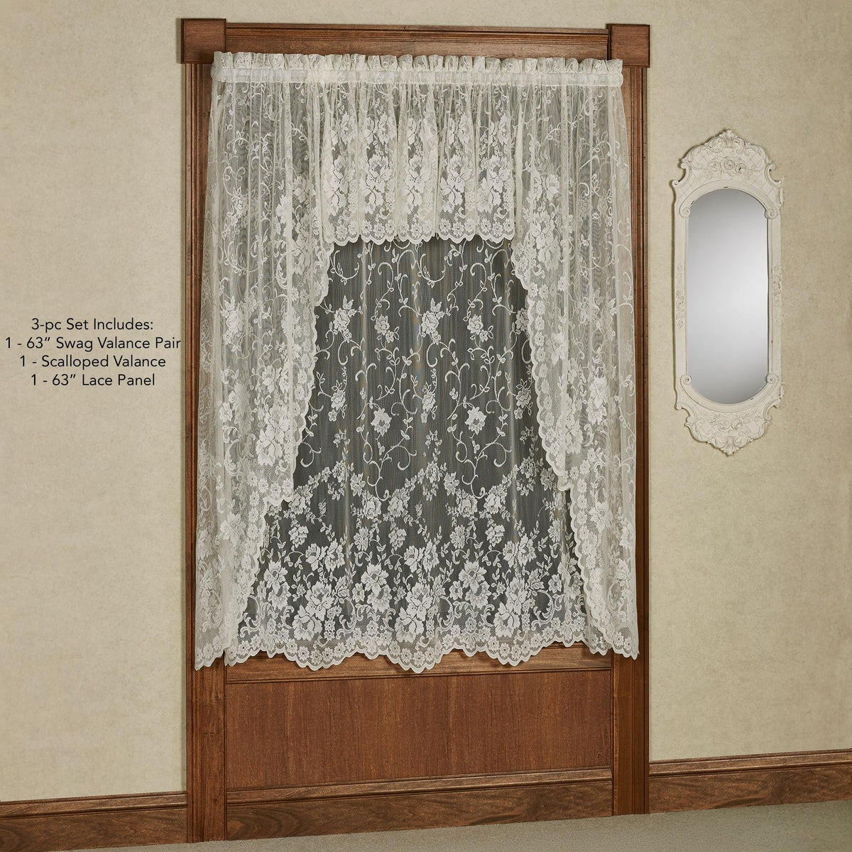 Luxury Sheer Polyester Enchanting Roses Lace Window Treatment | 3 Piece Set: Scallop Valance, 63L Swag Pair, and 63L Panel | Classic Flower | Ivory | Rod Pocket | Machine washable | Light Filtering