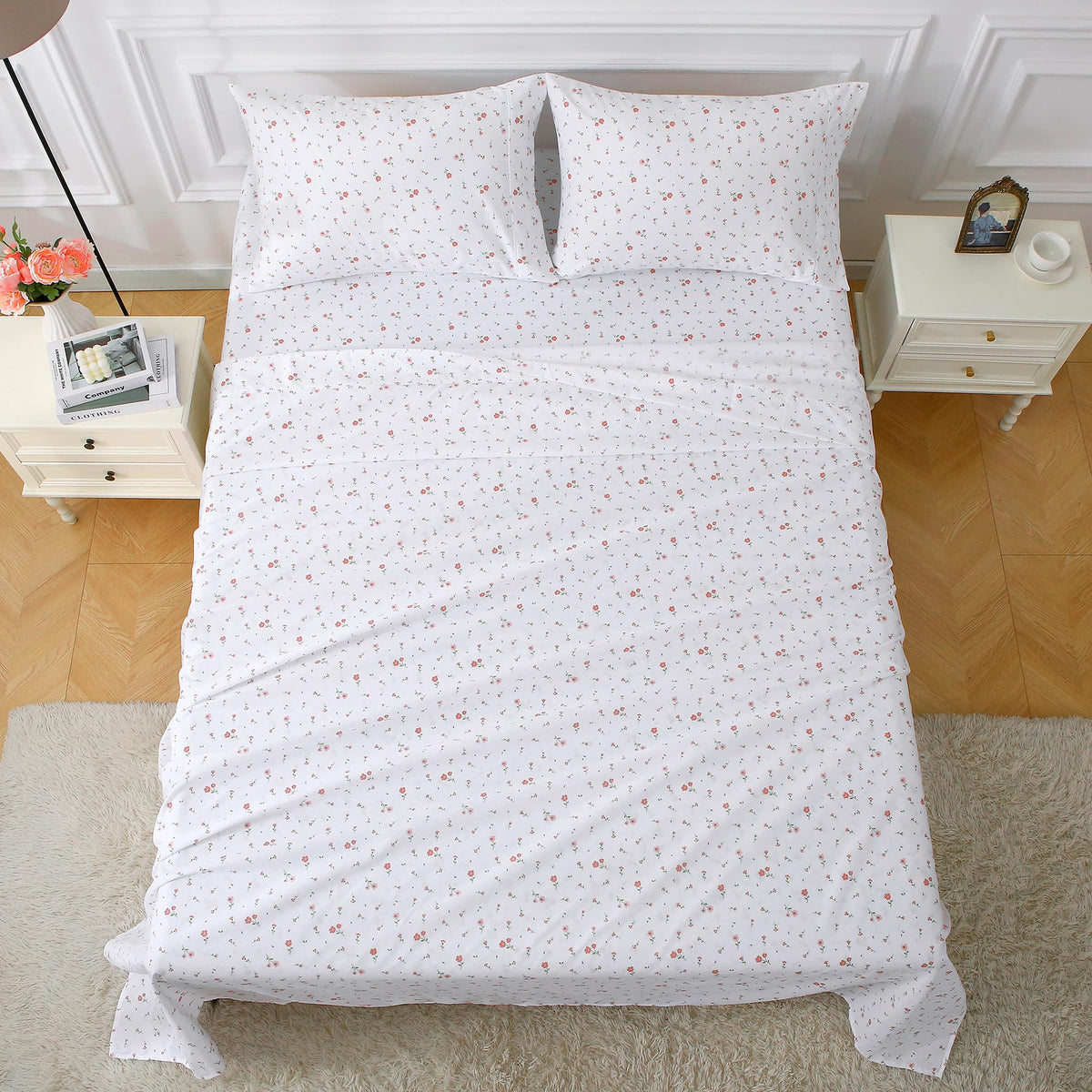 Softan Pink Flower Sheets for King Size Bed - 4 Piece Microfiber Floral Sheet Set with 15" Deep Pocket, Cute Pink Spring Flower Sheets and Pillowcase Set