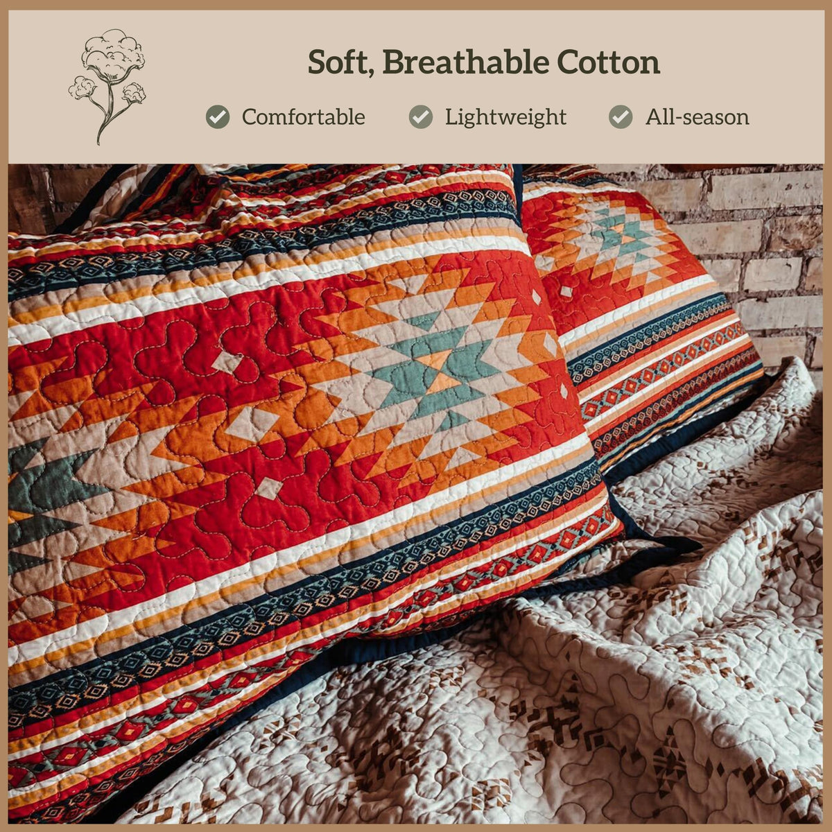Paseo Road Del Sol King Quilt Set, 3 Piece Rustic Western Bedding Set with Pillow Sham, Lightweight Reversible Cotton Quilt with Southwestern Aztec Pattern, Soft Breathable Cozy Boho Bedding