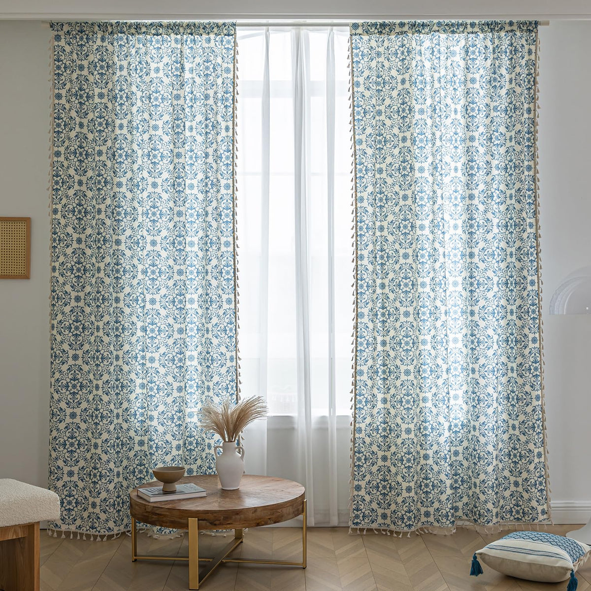 Erbnaryx Blue Floral Curtains 72 Inches Long, Boho Farmhouse Light Filtering Rod Pocket Drapes with Tassel Trim for Bedroom Living Room, 2 Panels