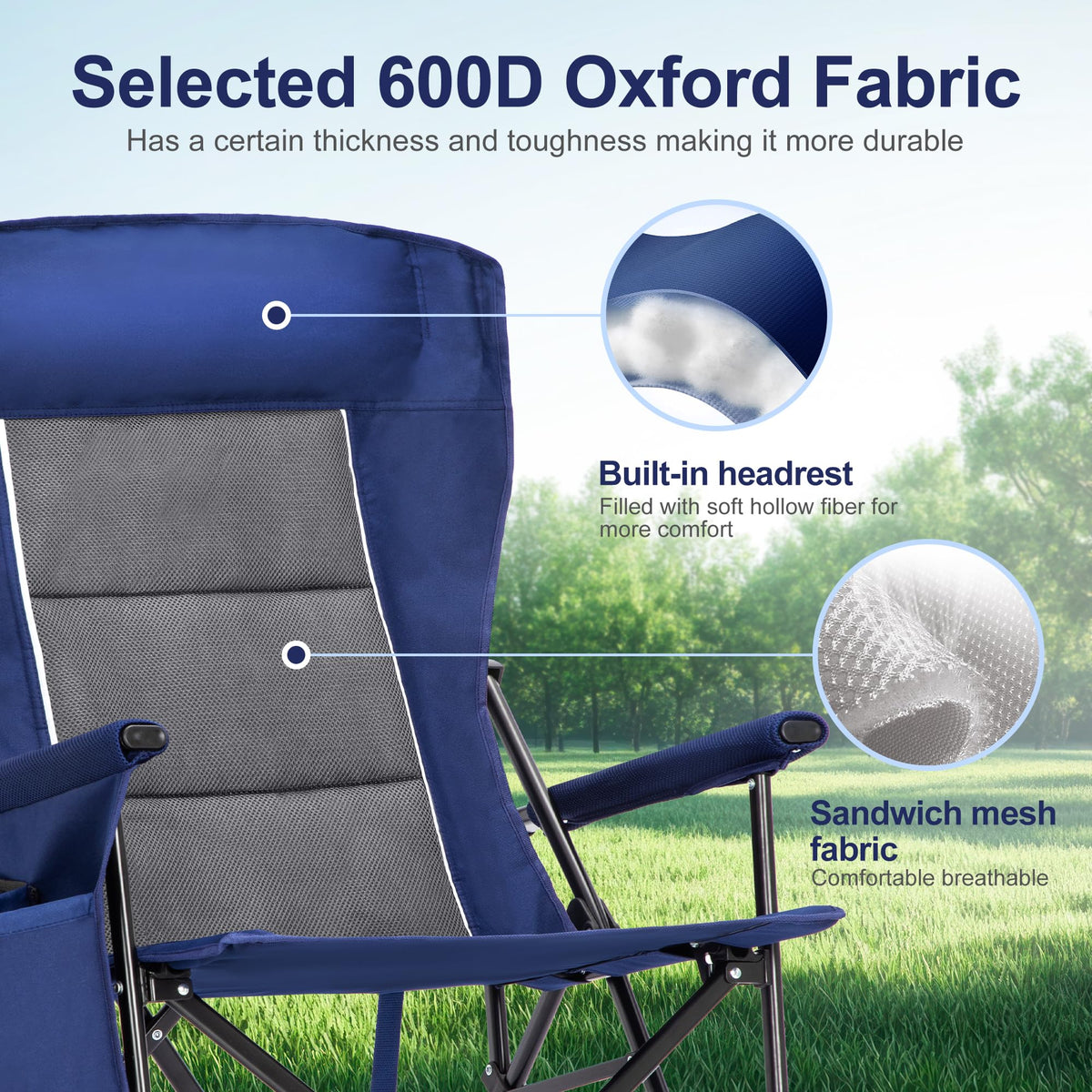 LET'S CAMP Oversized Camping Chairs 29.52" High Back Heavy Duty Lawn Chair Support 500LBS, Portable Collapsible Chair with Cup Holder, Side Pocket,2 Pack(Blue)